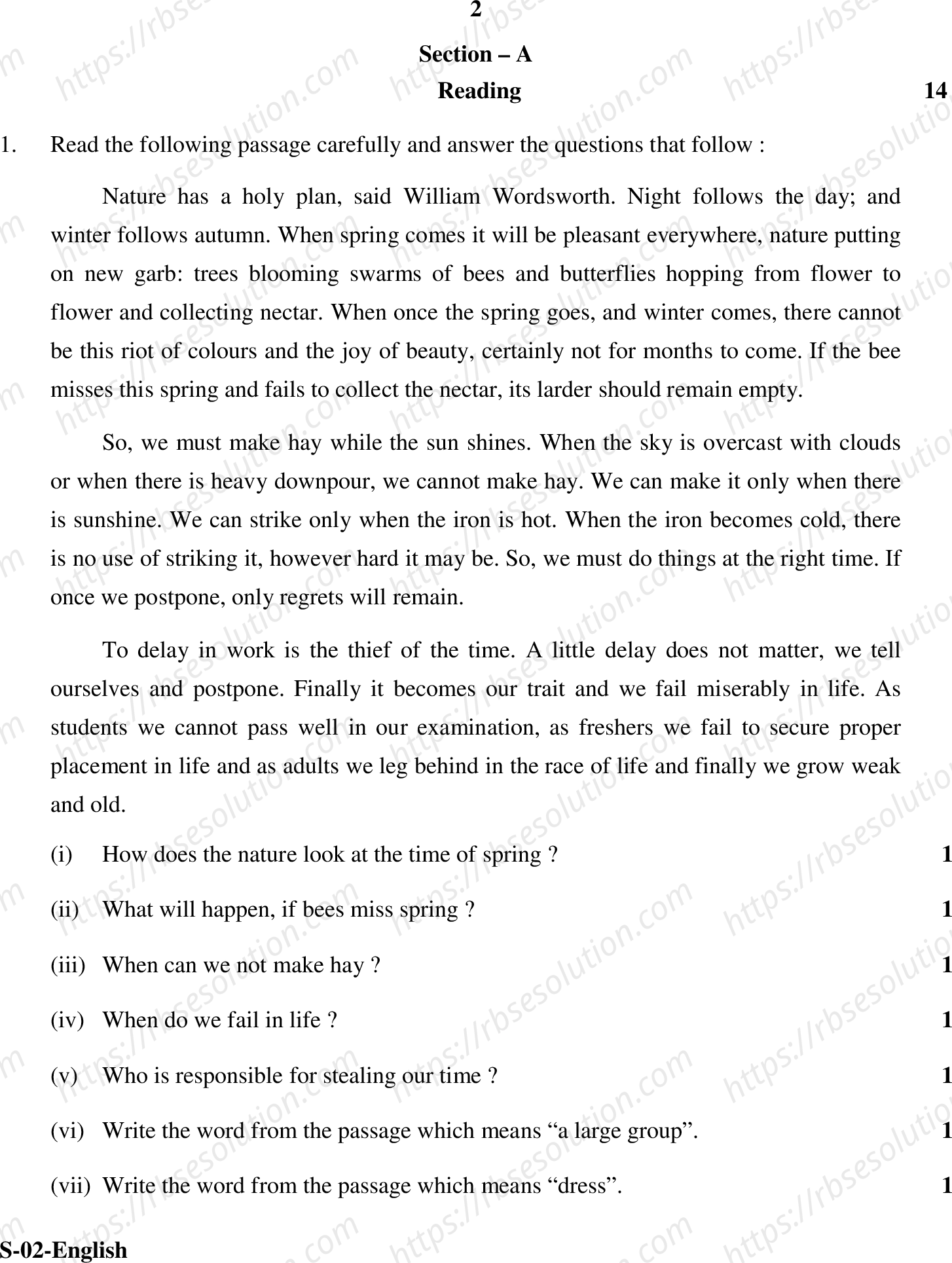 RBSE Class 10th 2020 English Model Papers Sample Papers 1