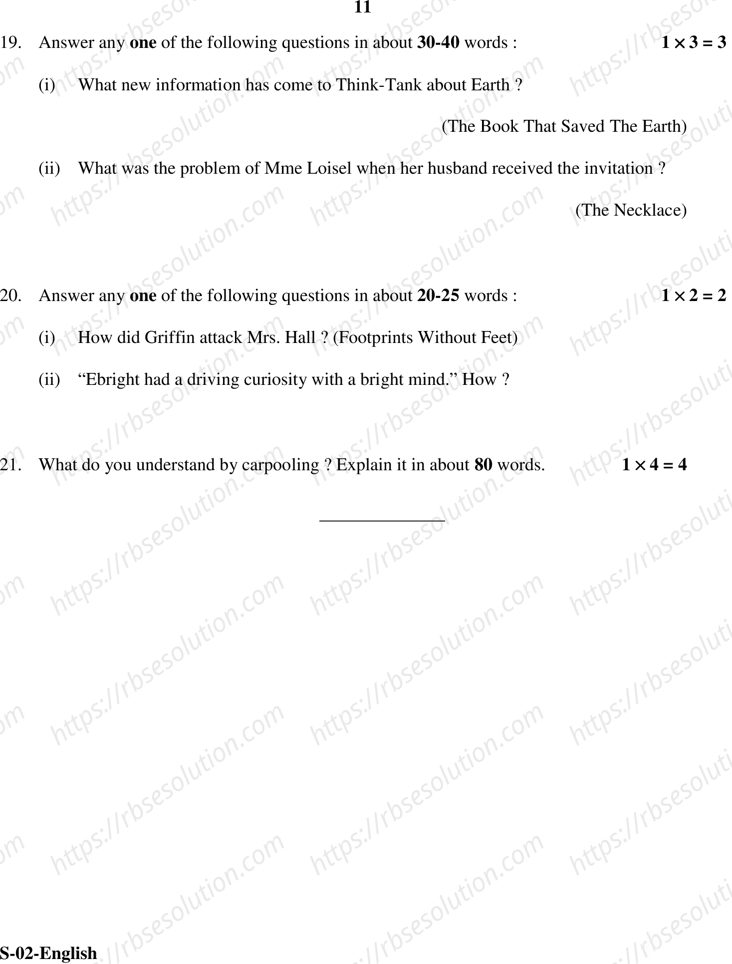 RBSE Class 10th 2020 English Model Papers Sample Papers 10