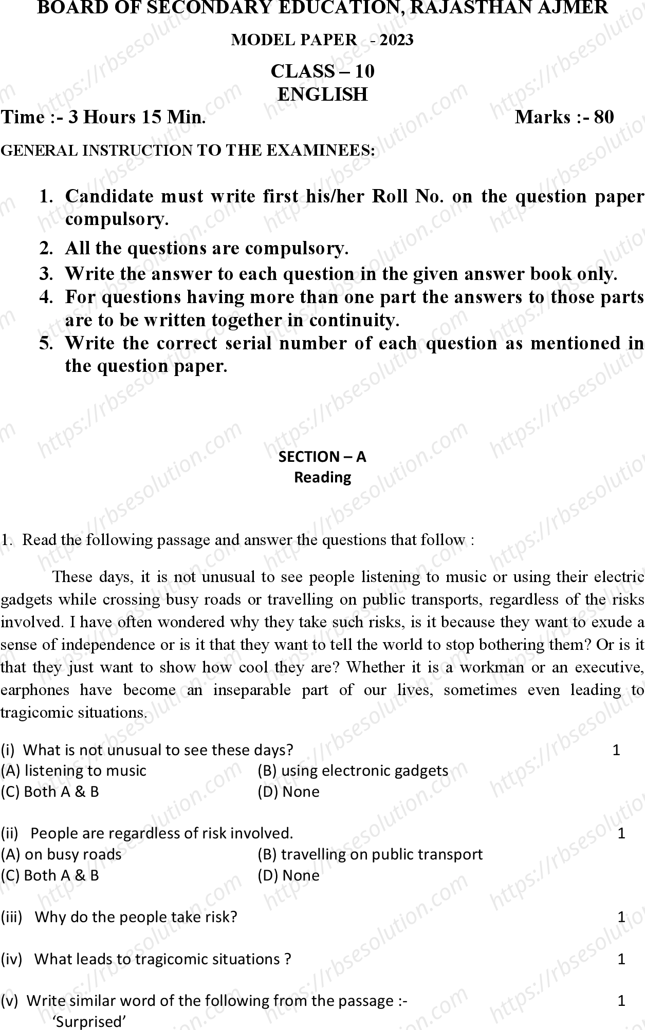 RBSE Class 10th 2023 English Sample Papers 2