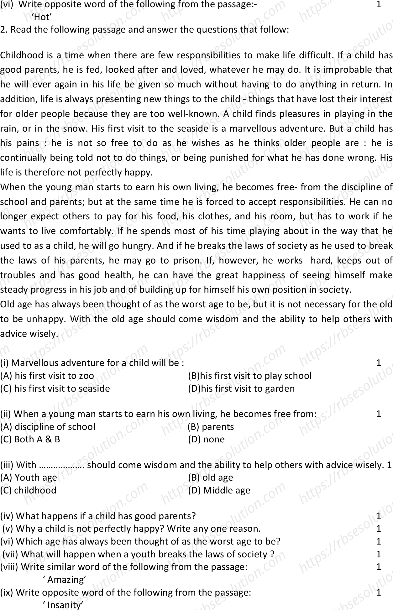 RBSE Class 10th 2023 English Sample Papers 3