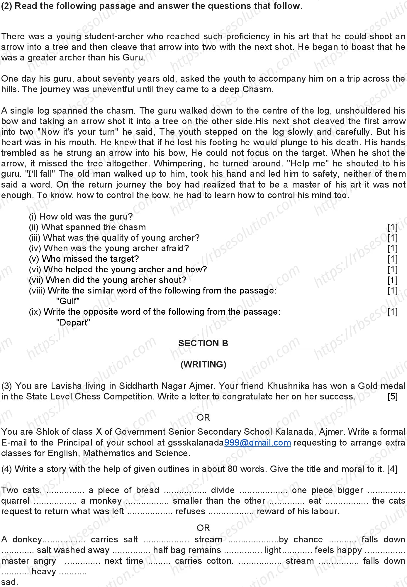 RBSE Class 10th 2024 English Sample Papers 4