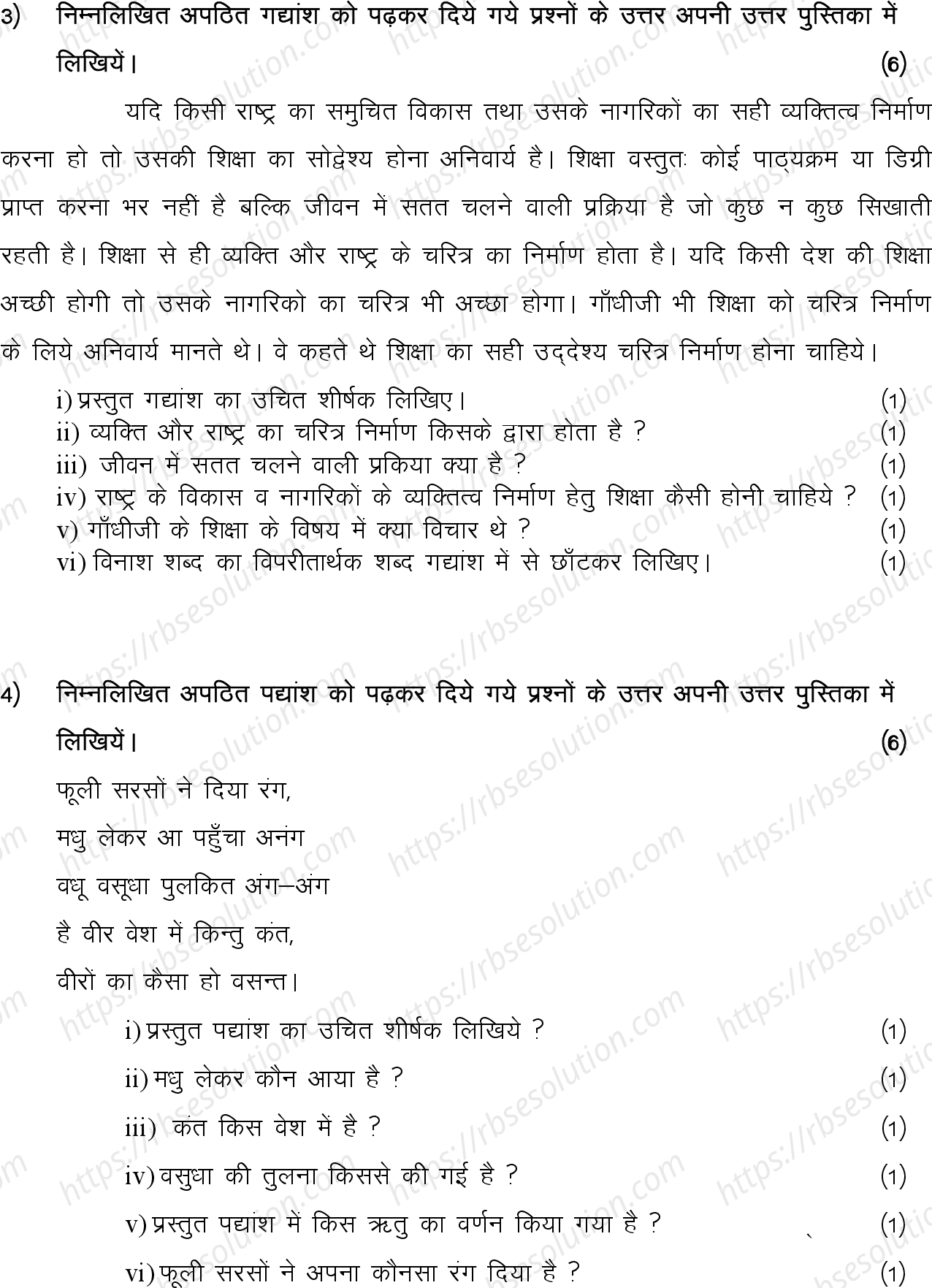 RBSE Class 10th 2024 Hindi Sample Papers 5