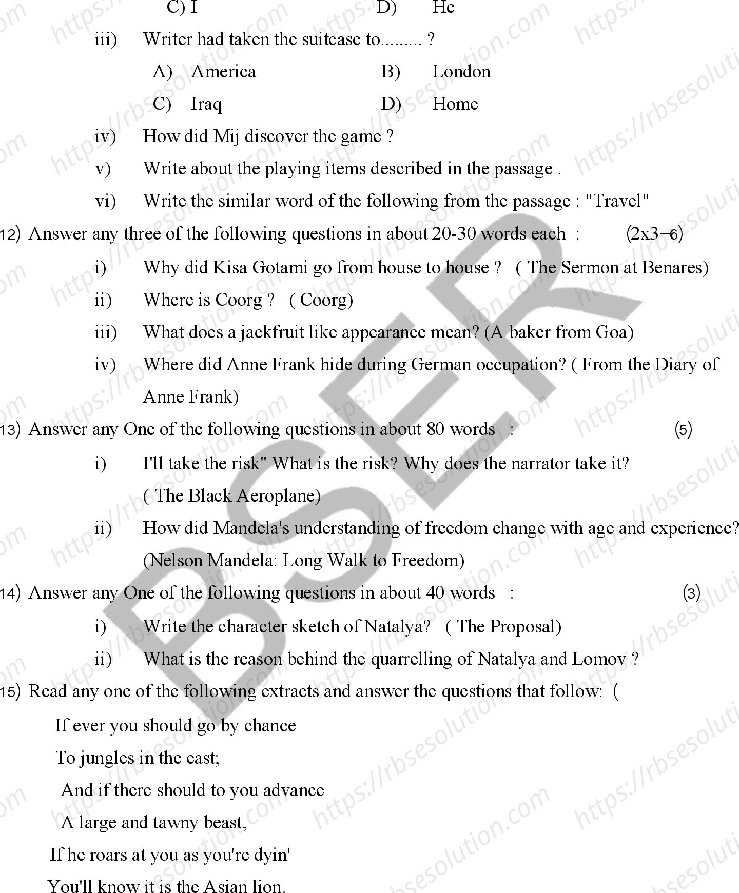 RBSE Class 10th 2025 English Sample Papers 10
