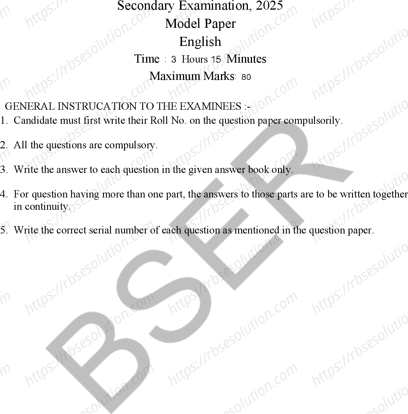 RBSE Class 10th 2025 English Sample Papers 3