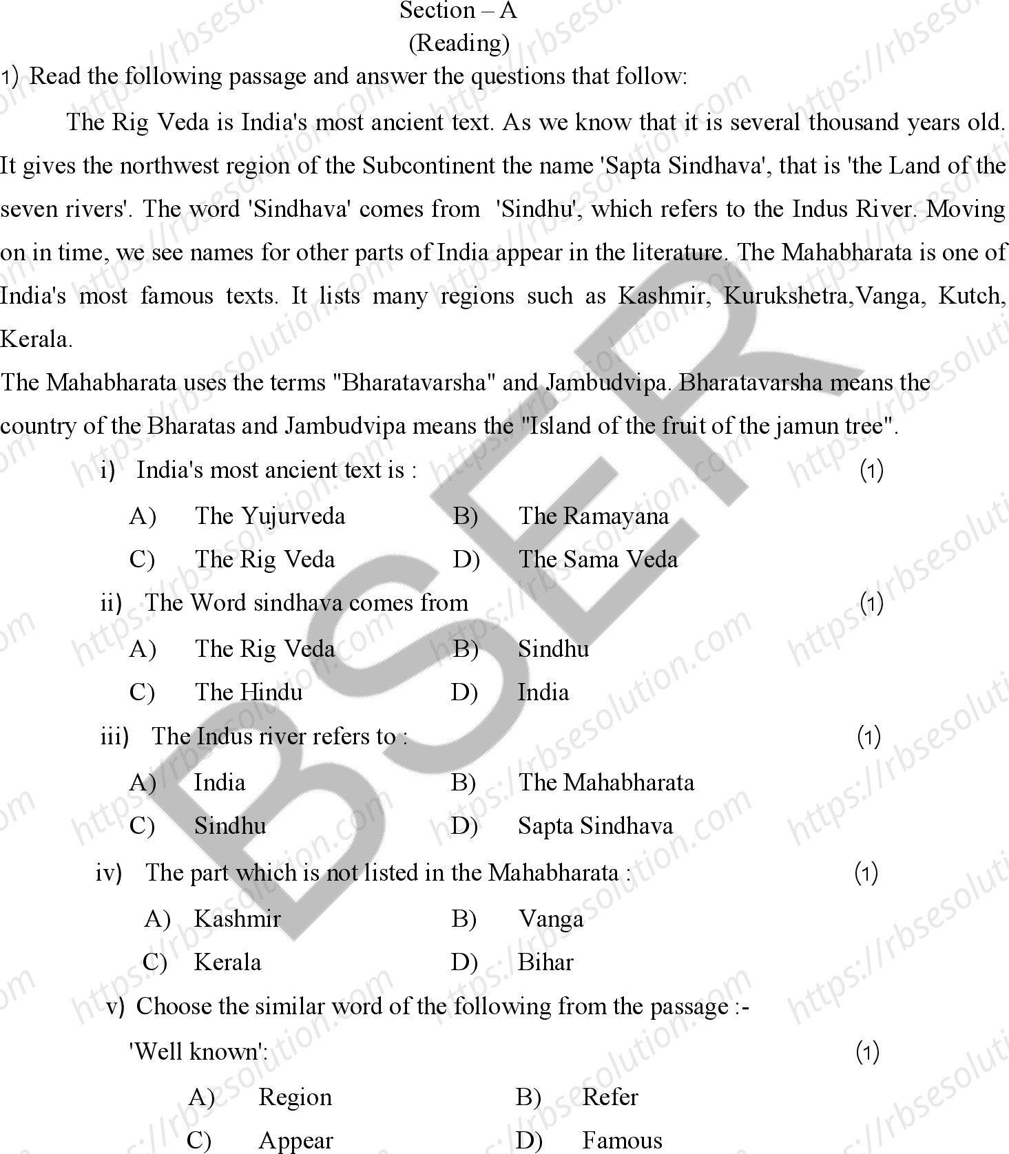 RBSE Class 10th 2025 English Sample Papers 4