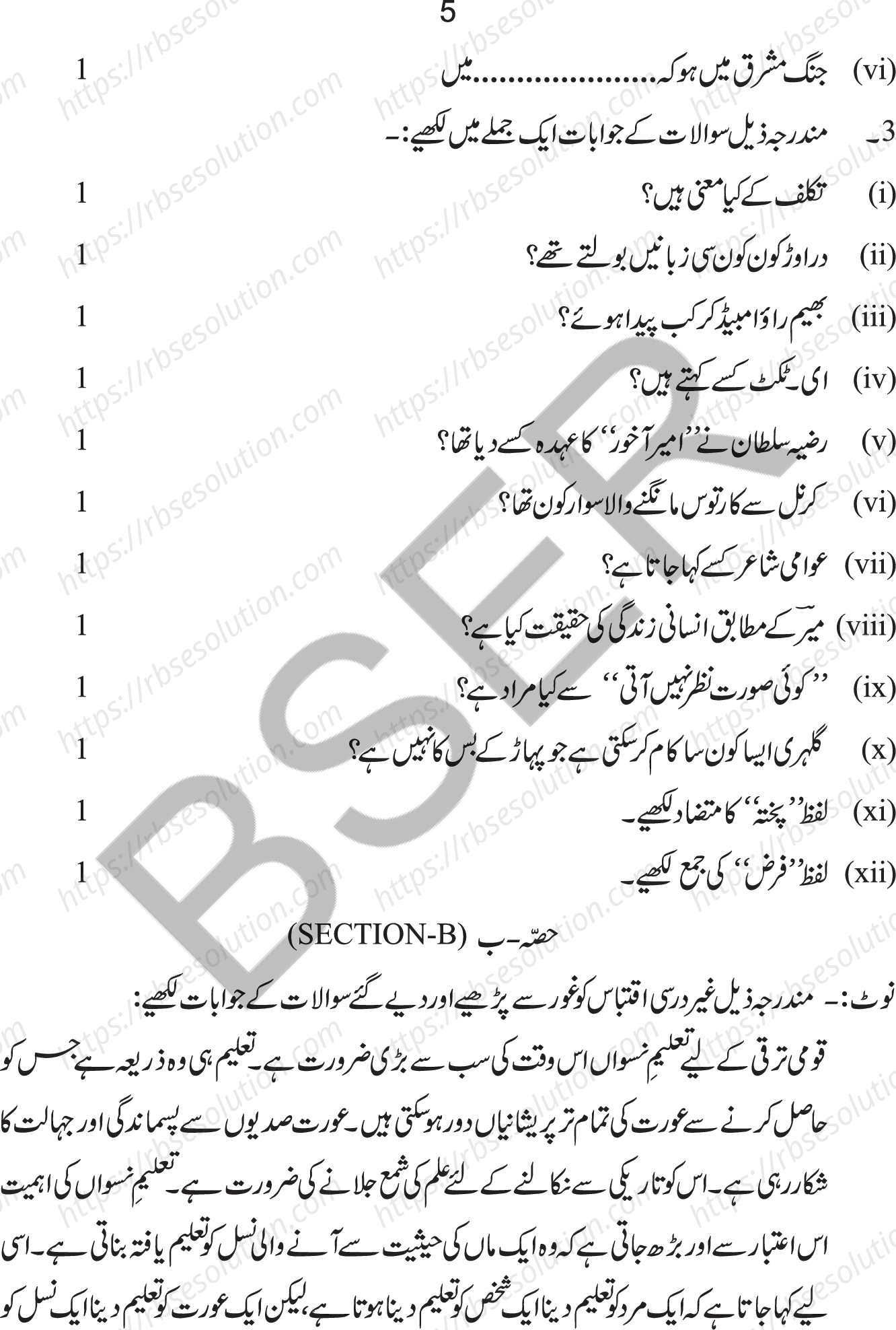 RBSE Class 10th 2025 Urdu Sample Papers 6