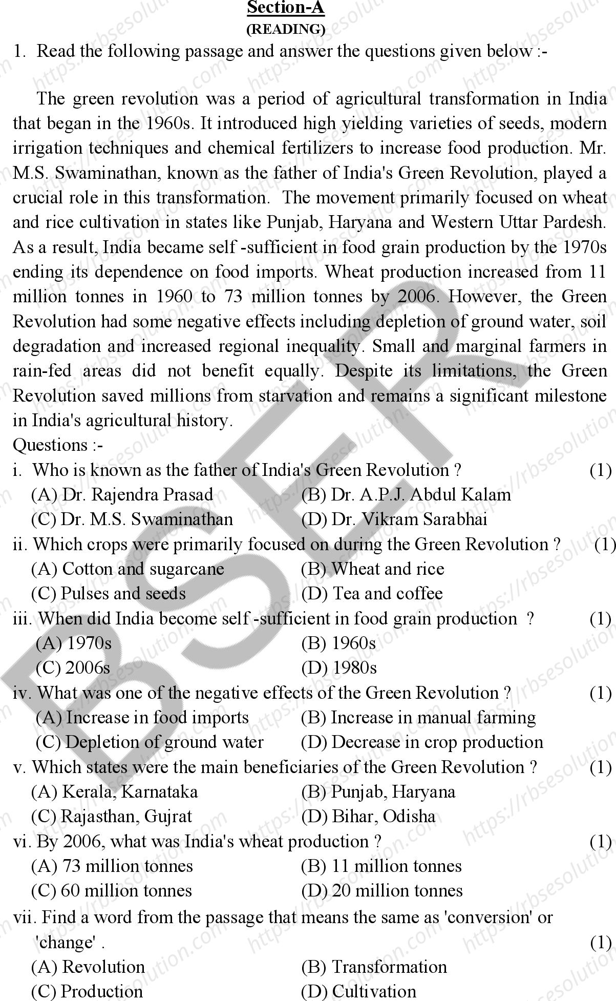 RBSE Class 10th 2026 English Sample Papers 4