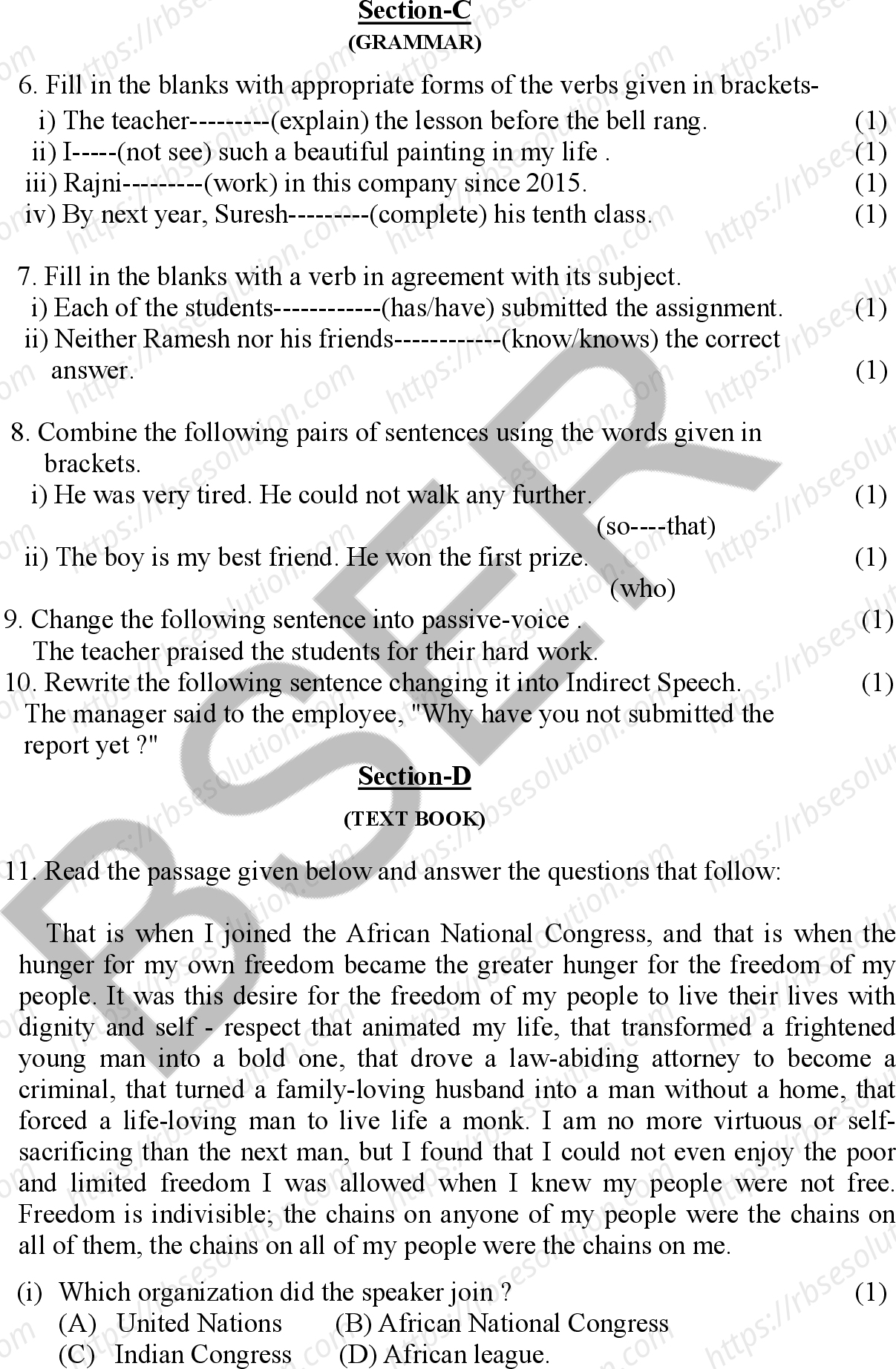 RBSE Class 10th 2026 English Sample Papers 7