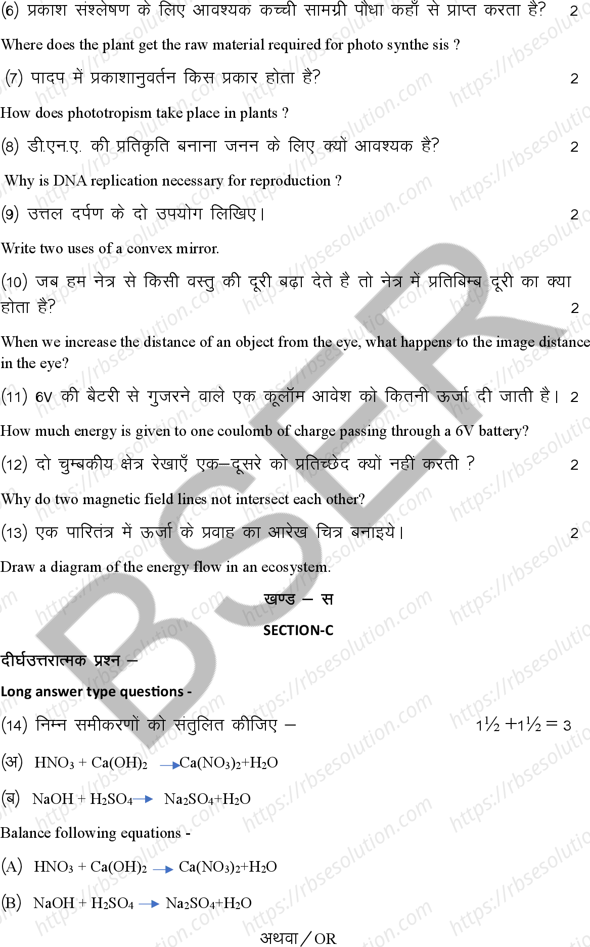 RBSE Class 10th 2026 Science Sample Papers 10