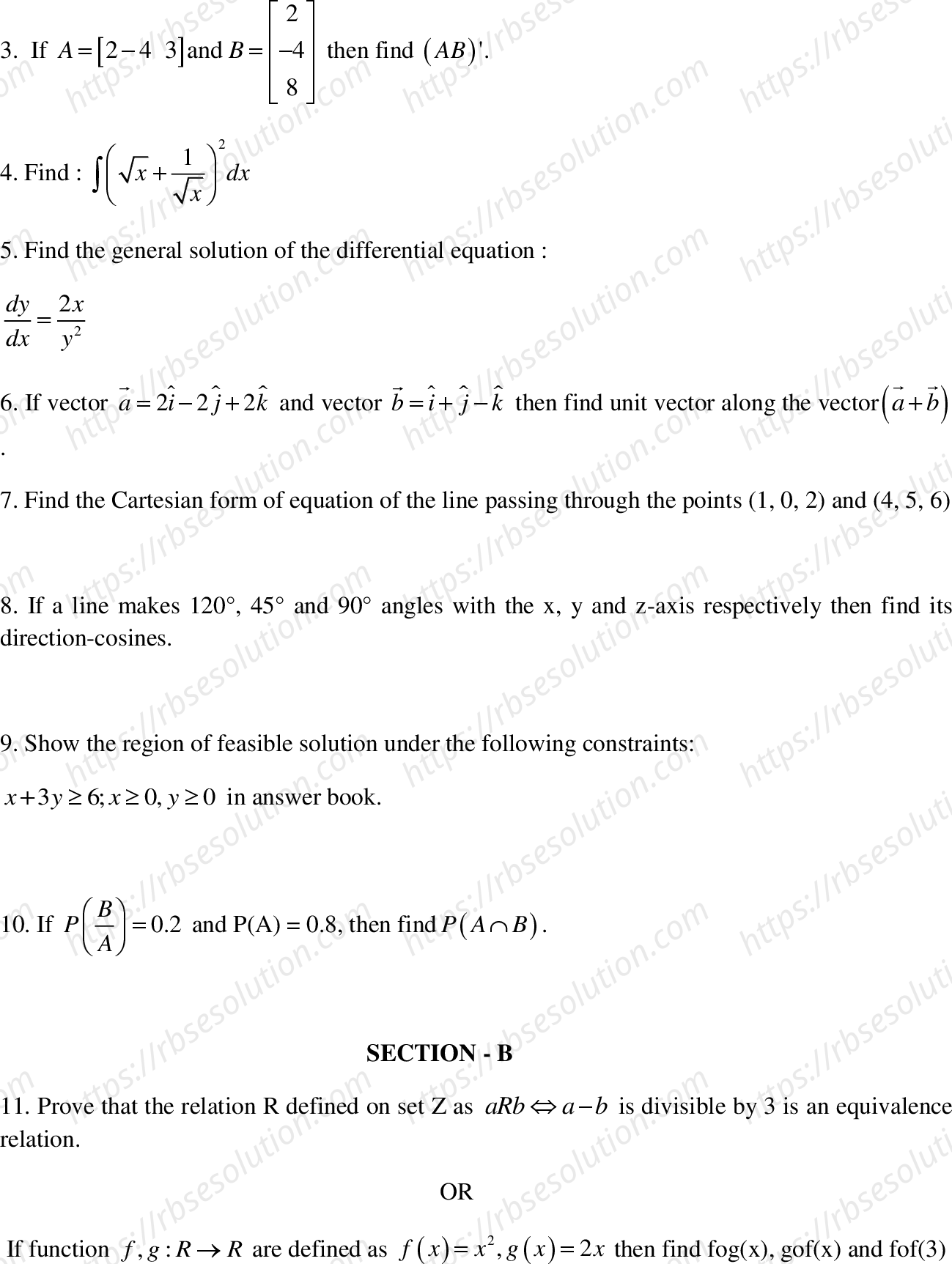 RBSE Class 12th 2020 Mathematics Model Papers Sample Papers 1