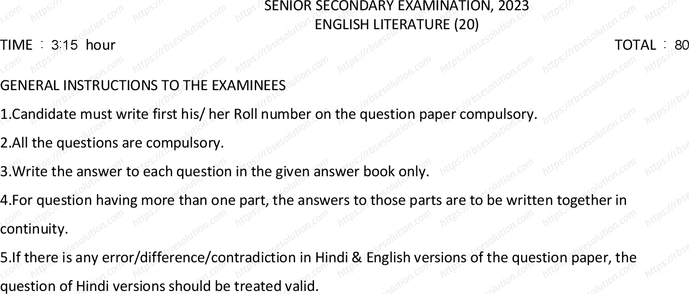 RBSE Class 12th 2023 English Literature Sample Papers 2