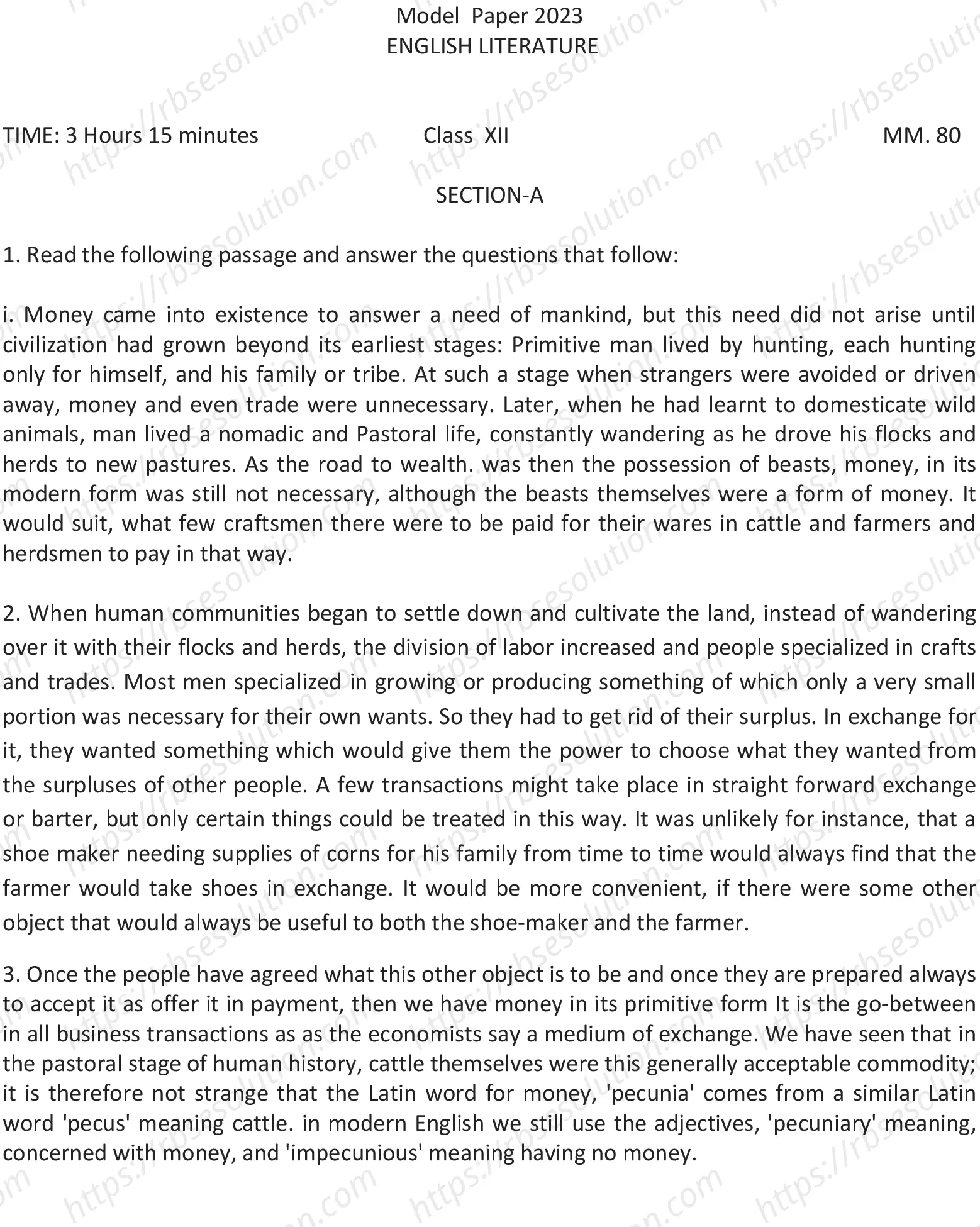 RBSE Class 12th 2023 English Literature Sample Papers 3