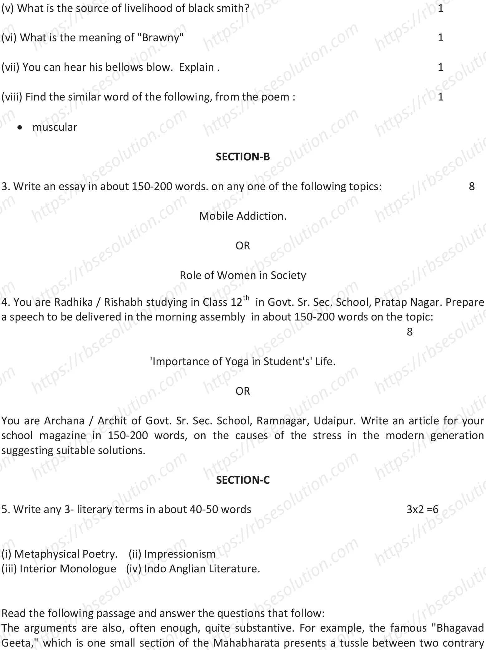 RBSE Class 12th 2023 English Literature Sample Papers 6