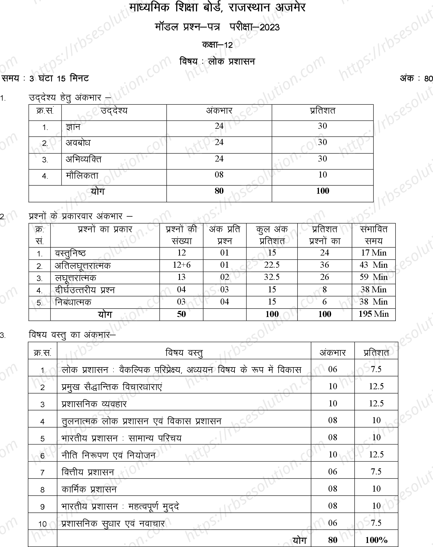 RBSE Class 12th 2023 Public Administration Sample Papers 0