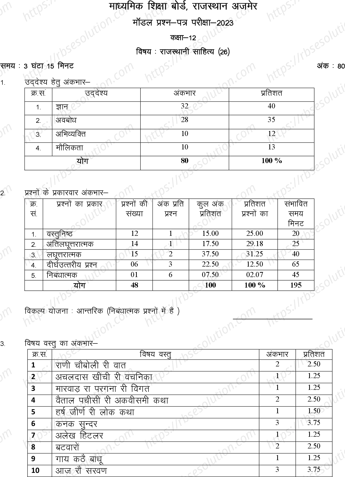 RBSE Class 12th 2023 Rajasthani Sahitya Sample Papers 0