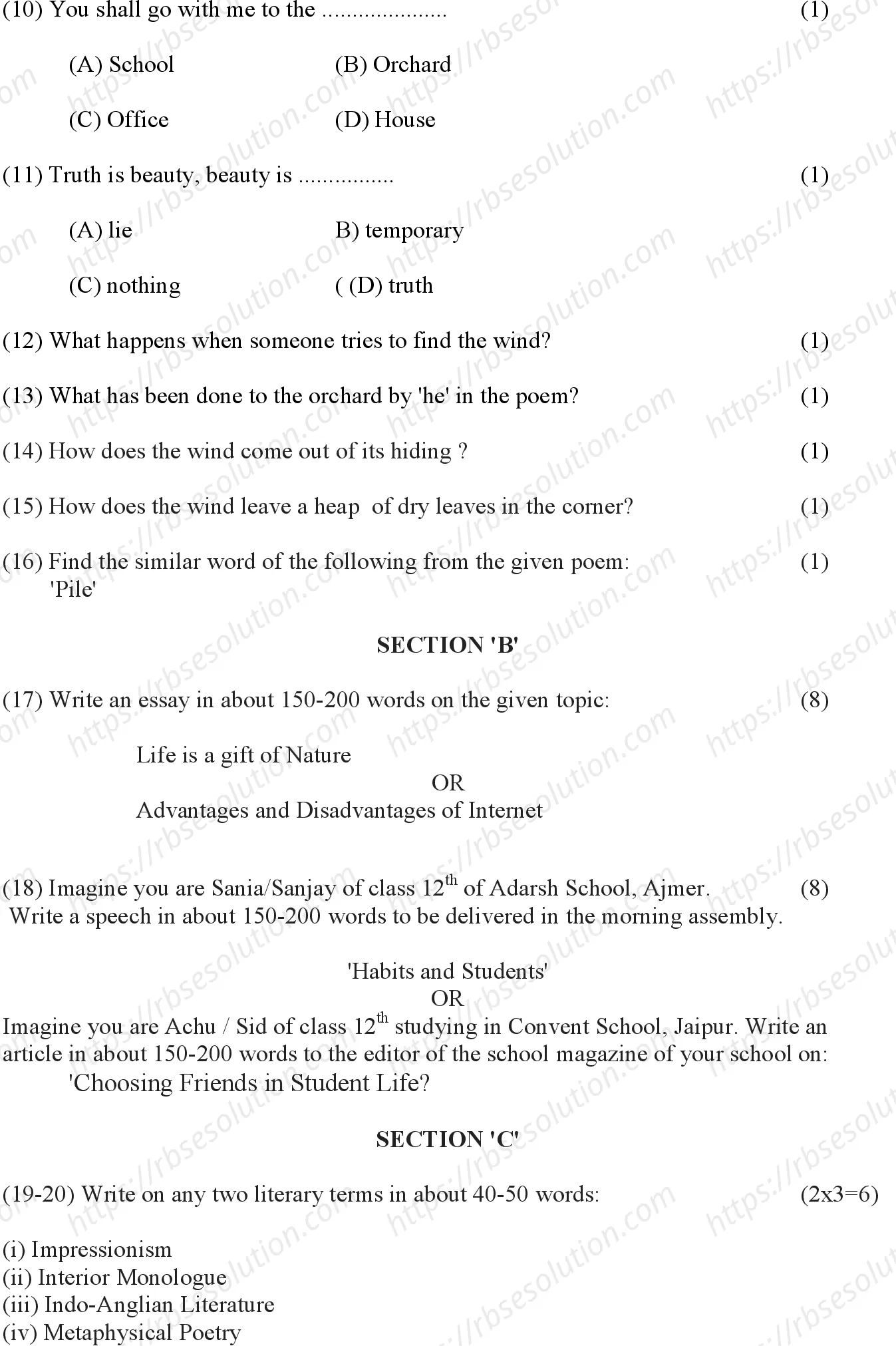 RBSE Class 12th 2024 English Literture Sample Papers 5