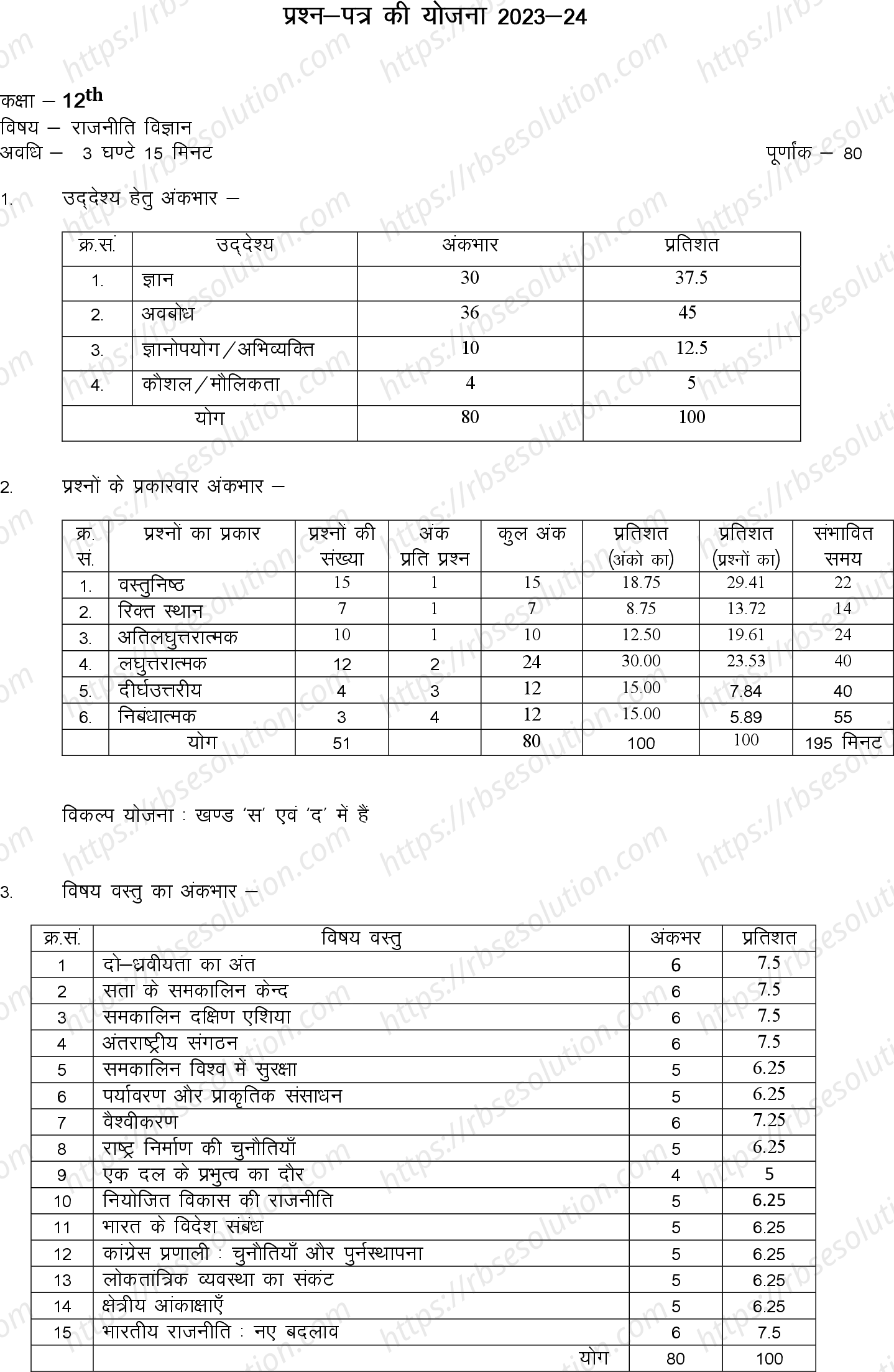 RBSE Class 12th 2024 राजनीति विज्ञान Sample Papers 0