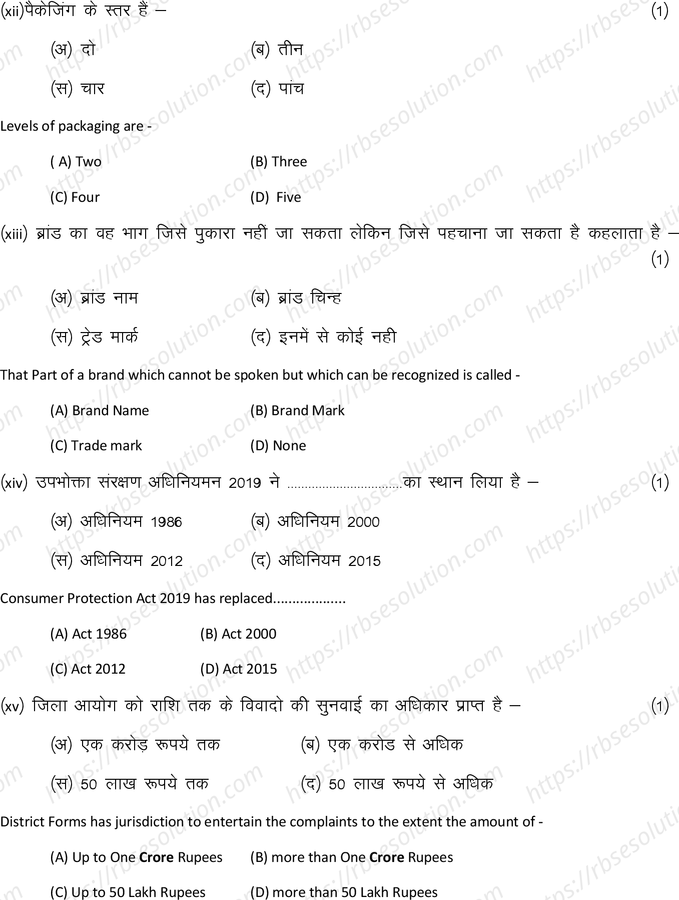 RBSE Class 12th 2024 व्यावसायिक अध्ययन Sample Papers 6