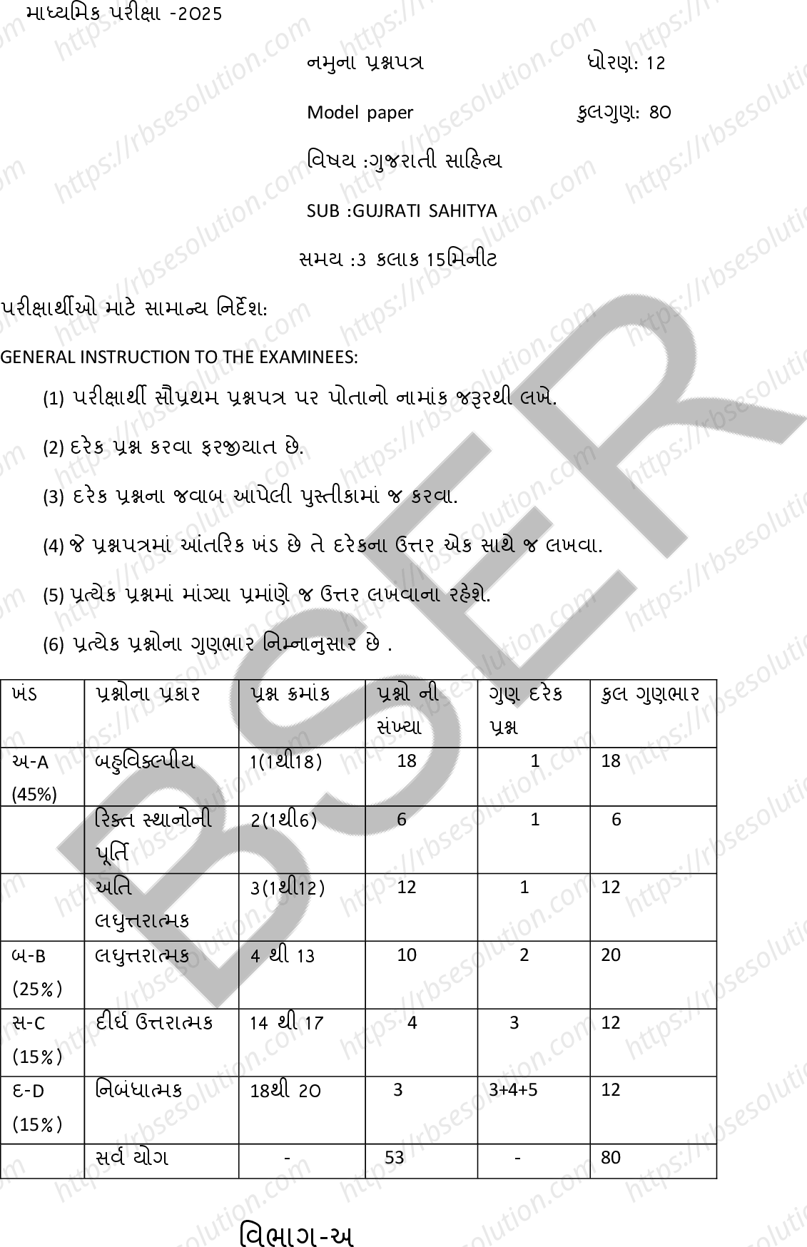 RBSE Class 12th 2025 Gujarati Literature Sample Papers 2