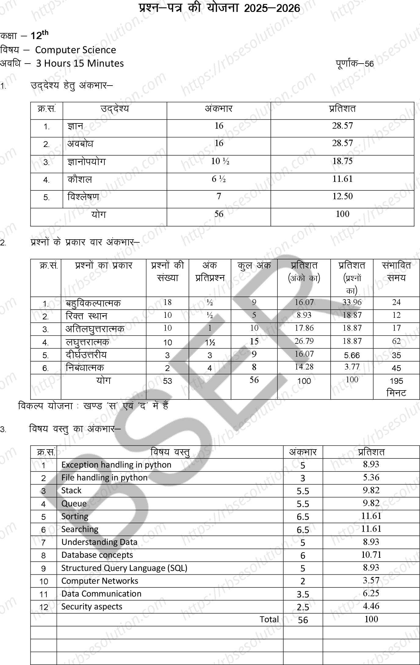 RBSE Class 12th 2026 Computer Science Sample Papers 0