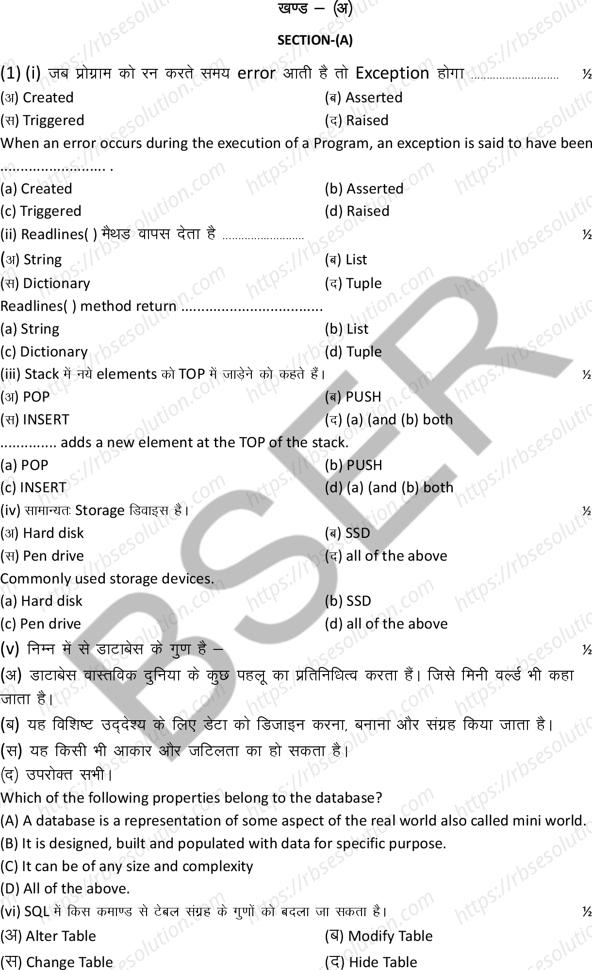 RBSE Class 12th 2026 Computer Science Sample Papers 3