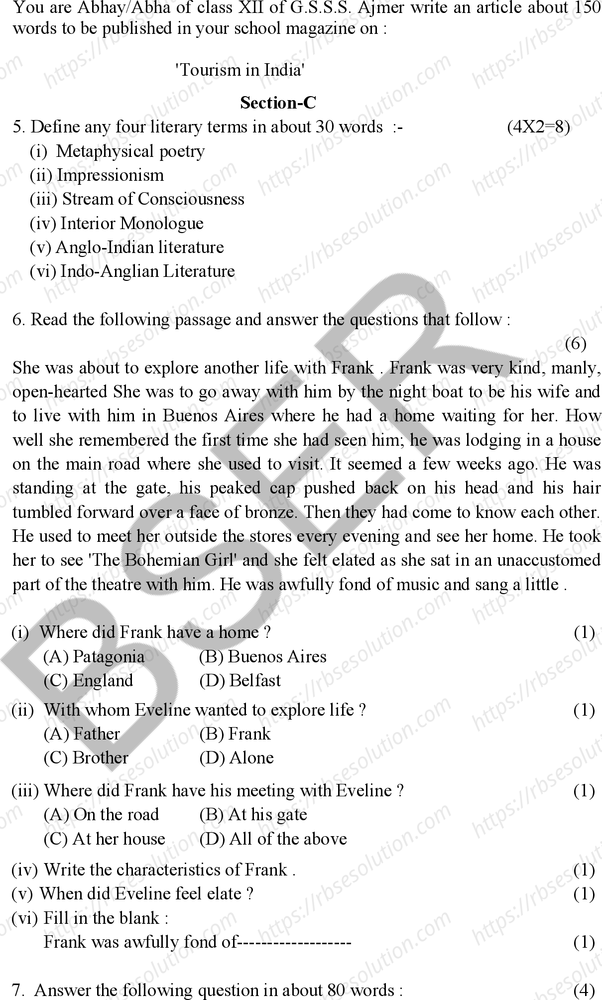 RBSE Class 12th 2026 English Literature Sample Papers 6