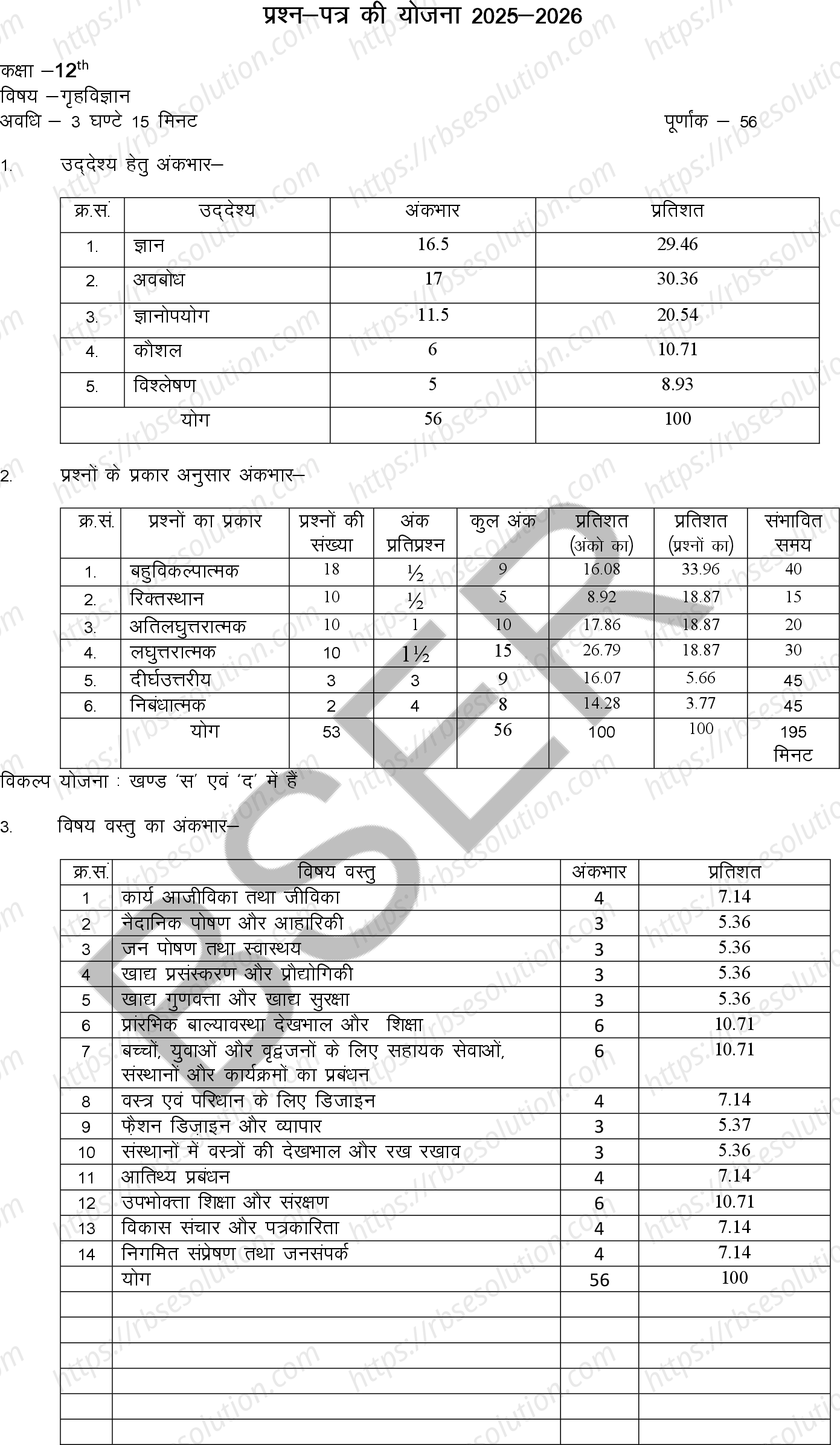 RBSE Class 12th 2026 Home Science Sample Papers 0
