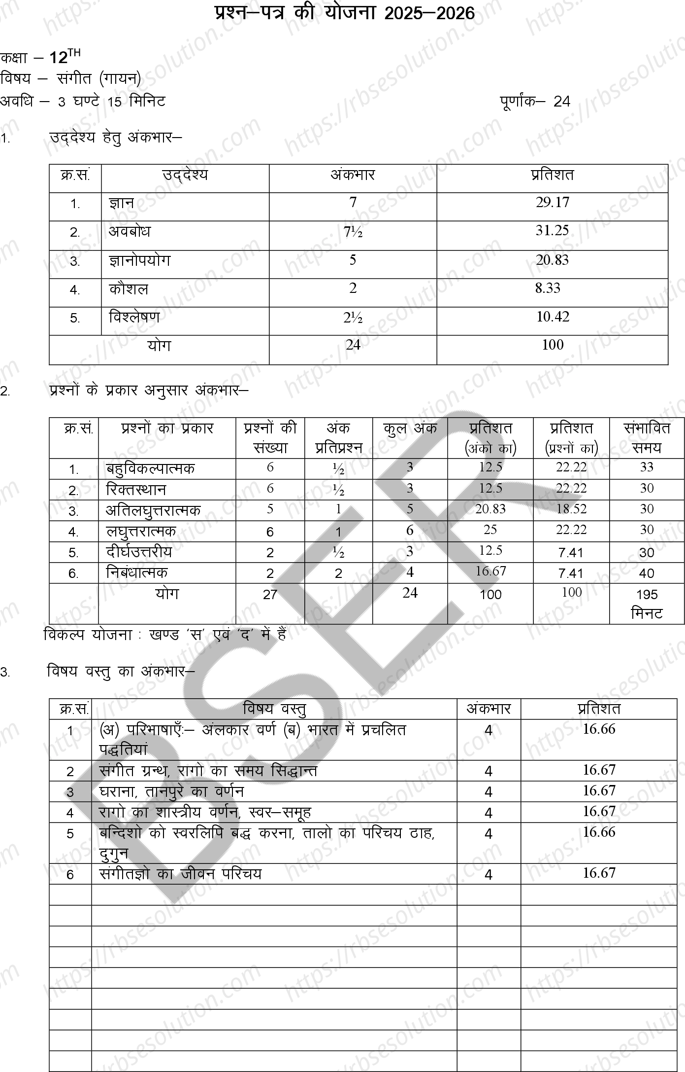 RBSE Class 12th 2026 Vocal Music Sample Papers 0