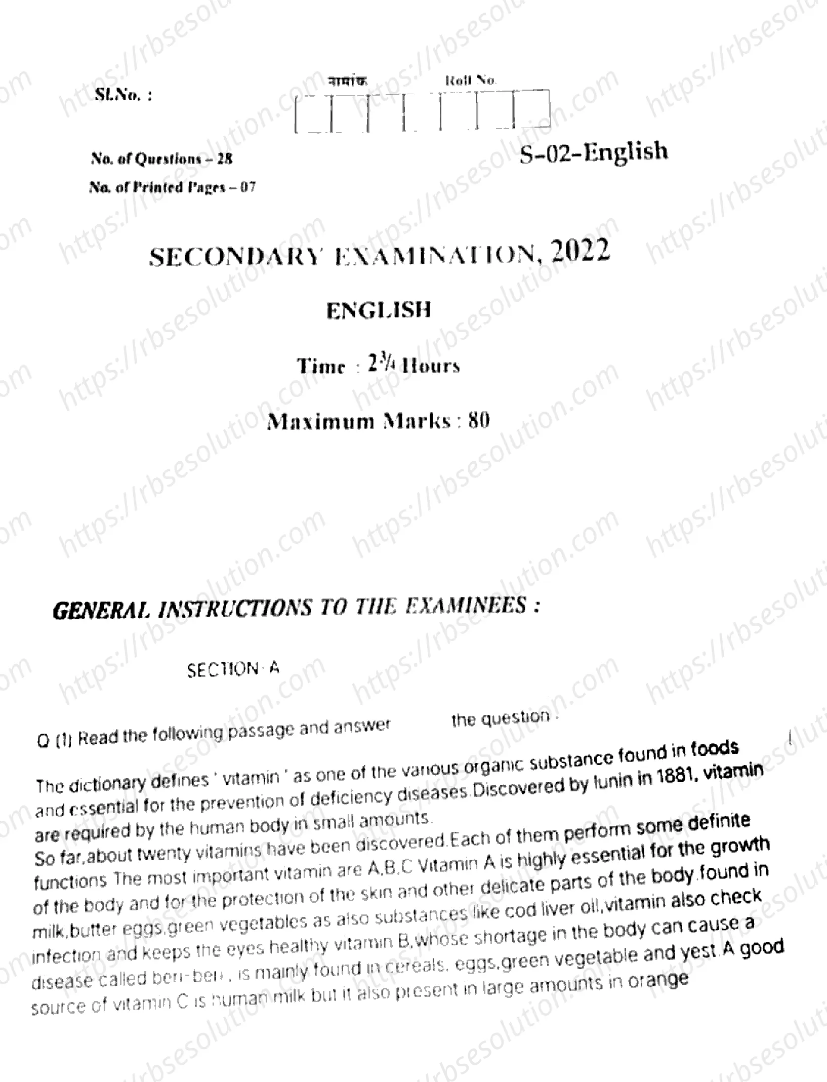 RBSE Class 10th 2022 English-S-02-V2-2022 Previous Year Papers 0