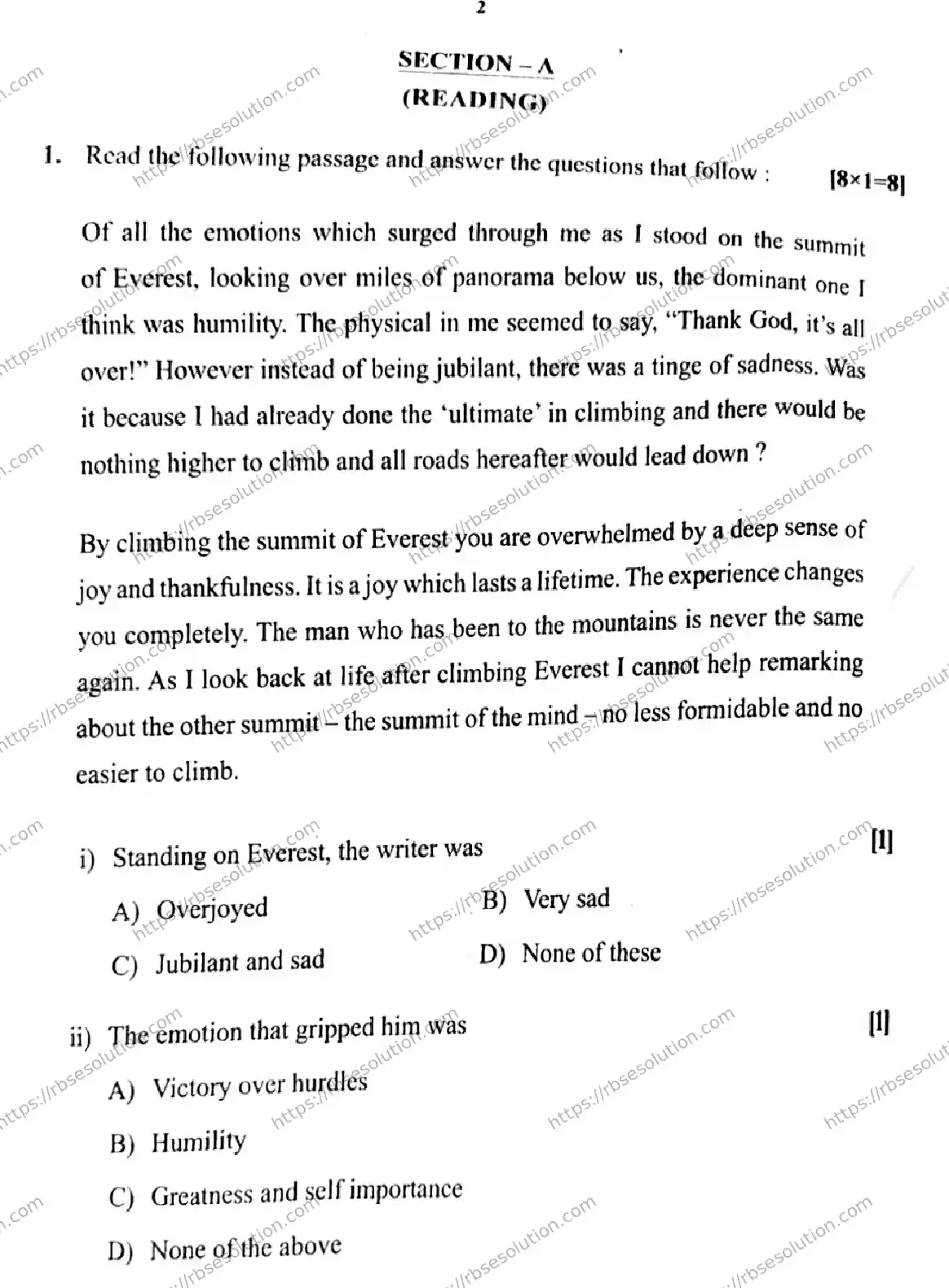 RBSE Class 10th 2026 ENGLISH-S-02 Previous Year Papers 1