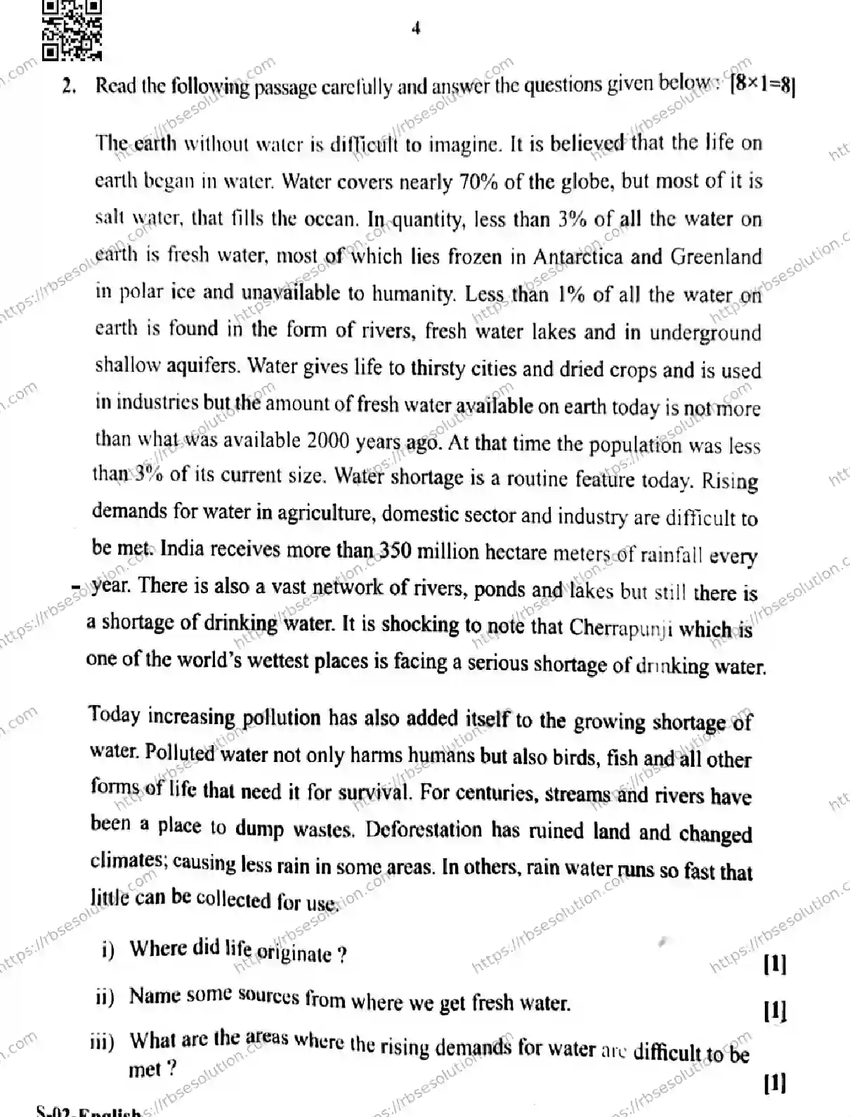 RBSE Class 10th 2026 ENGLISH-S-02 Previous Year Papers 3