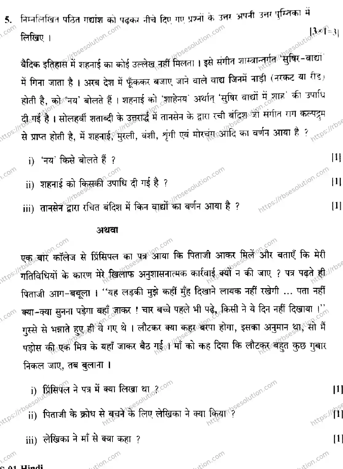 RBSE Class 10th 2026 HINDI-S-01 Previous Year Papers 5