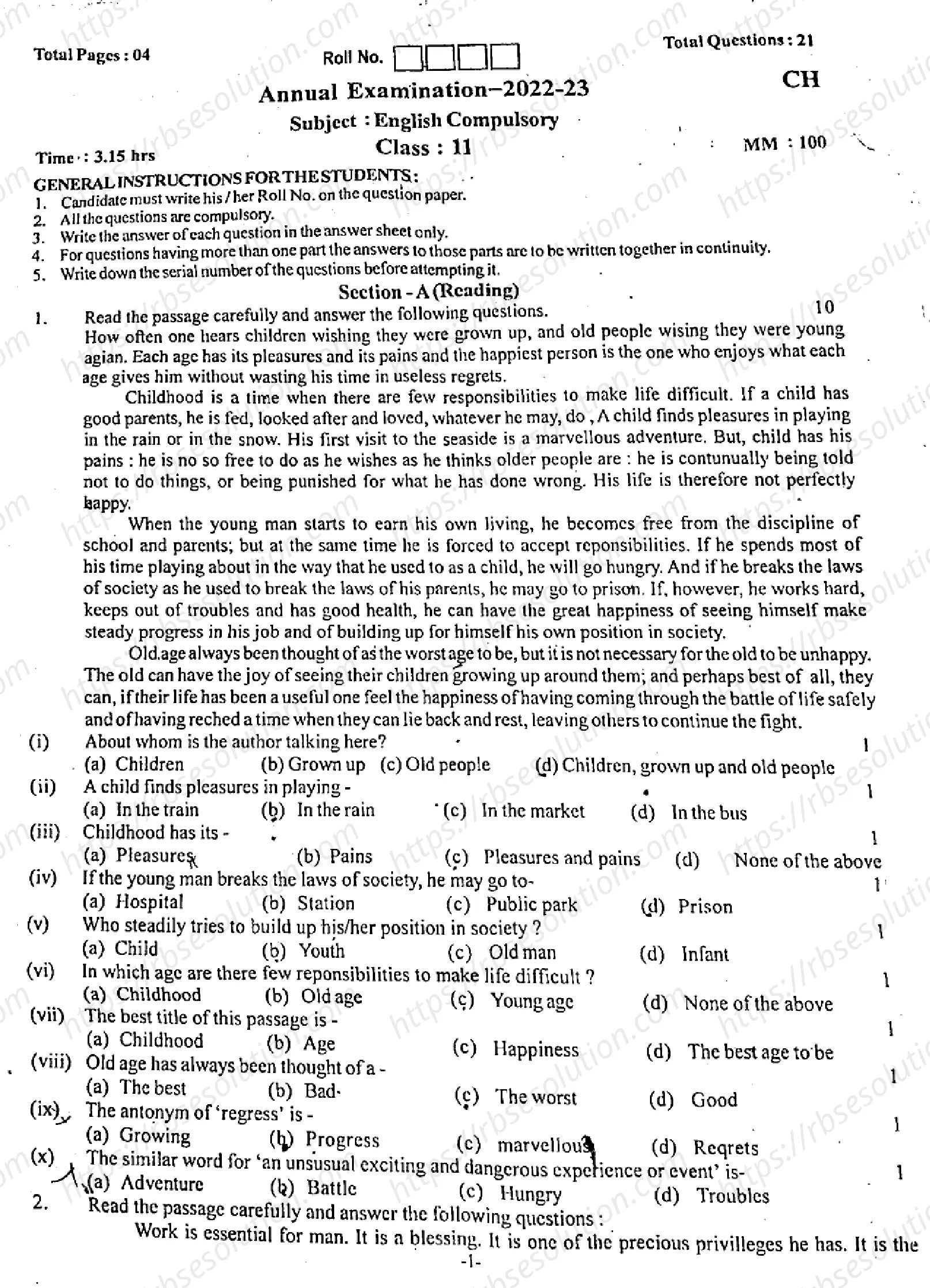 RBSE Class 11th 2023 English-220523-2023 Previous Year Papers 0