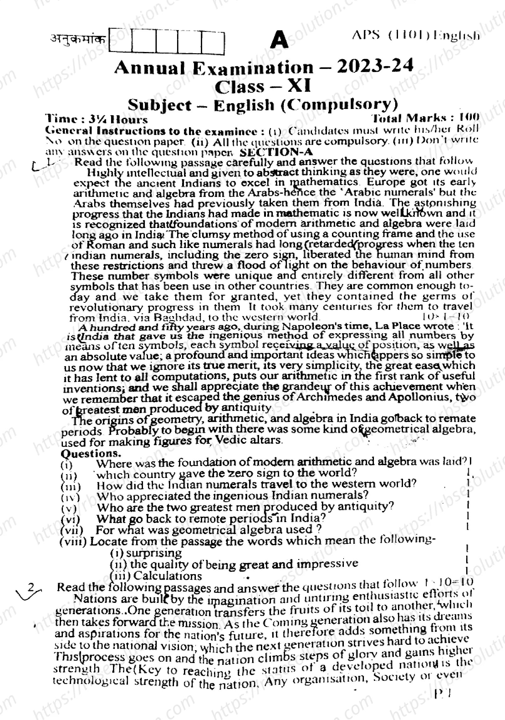 RBSE Class 11th 2024 English-APS (1101)-2024 Previous Year Papers 0