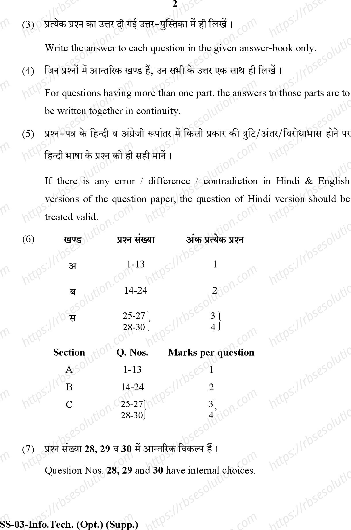 RBSE Class 12th 2020  (Supp.)-SS-01-2020 Previous Year Papers 1
