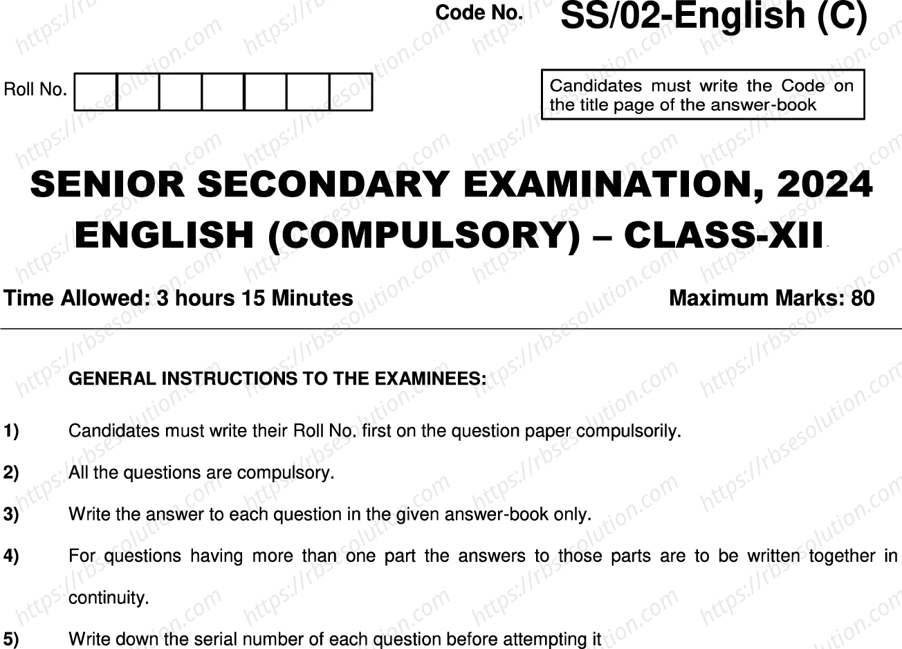 RBSE Class 12th 2024 English-SS-02-2024 Previous Year Papers 0