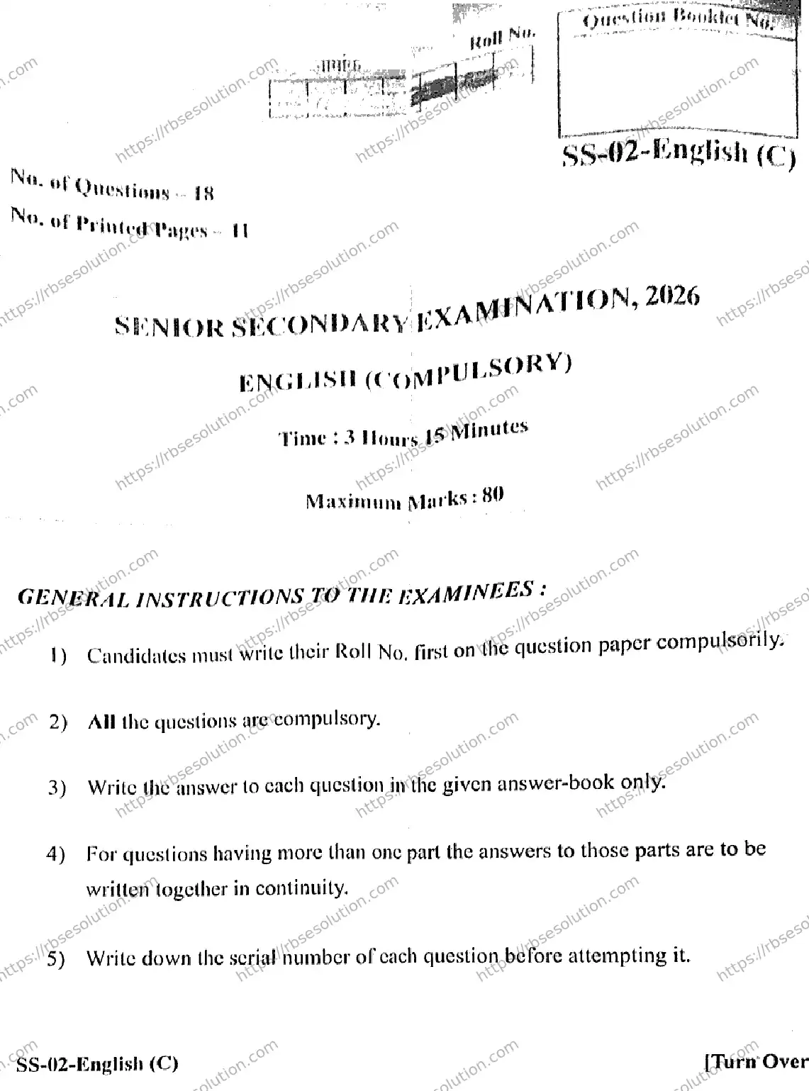RBSE Class 12th 2026 ENGLISH-SS-02 Previous Year Papers 0