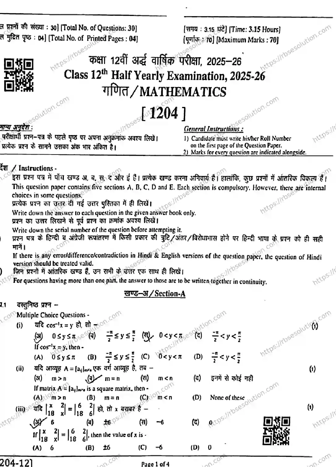 RBSE Class 12th 2026 HALF-YEARLY-MATHEMATICS-1204 Previous Year Papers 0