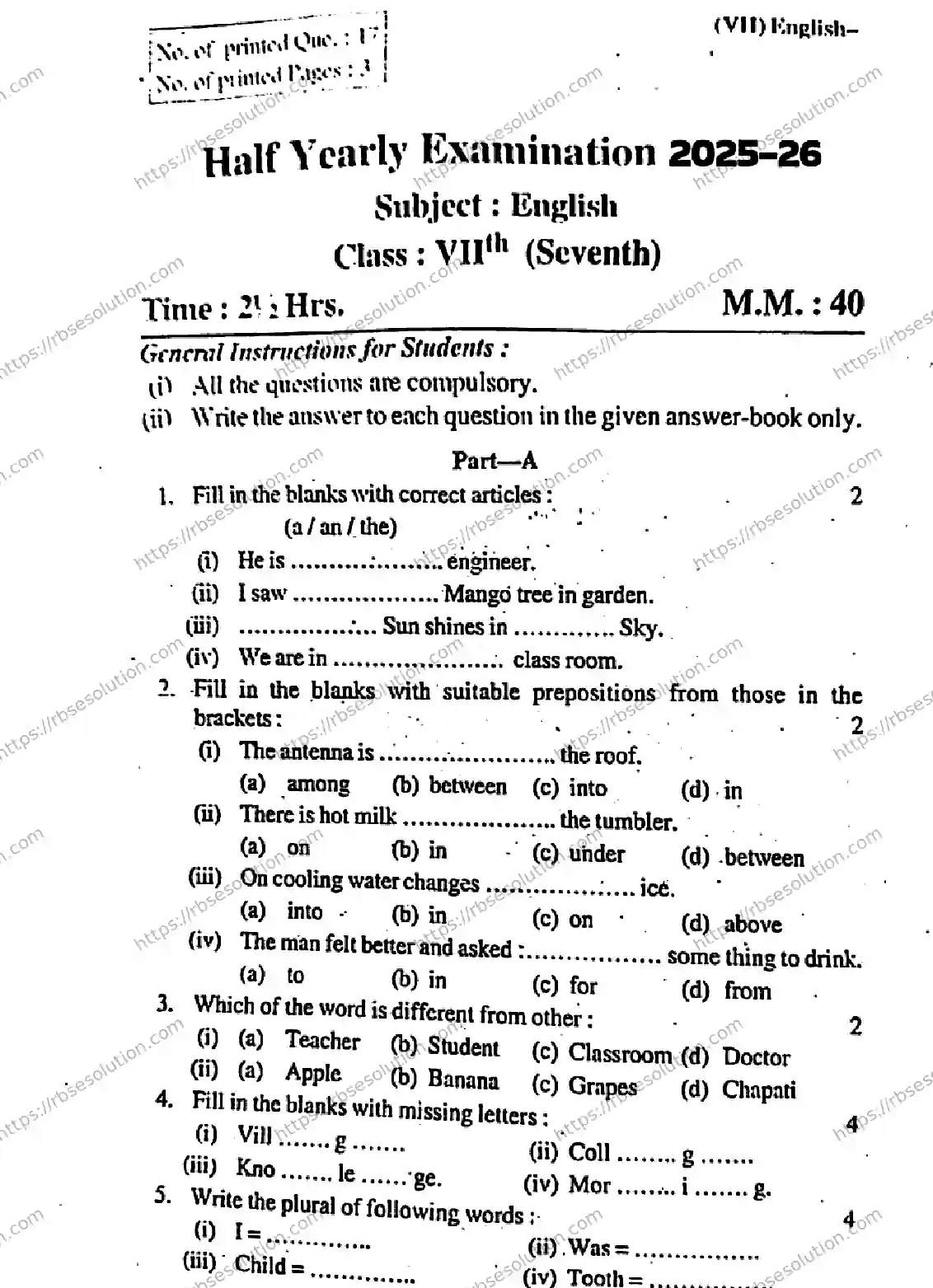 RBSE Class 7th 2026 HALF-YEARLY-ENGLISH-241125 Previous Year Papers 0