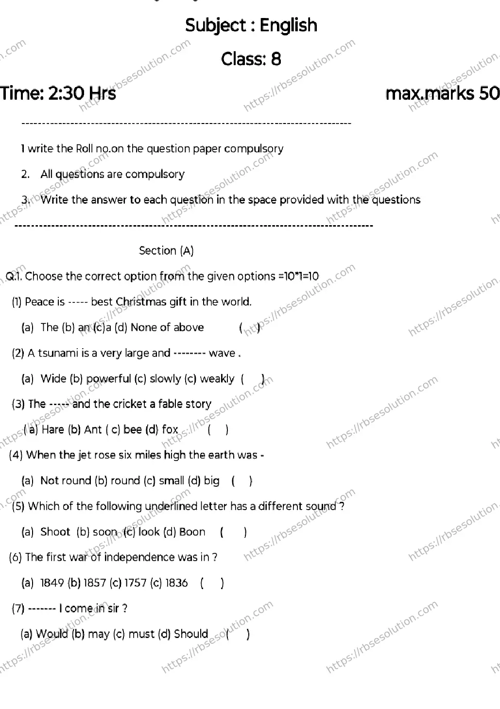 RBSE Class 8th 2026 HALF-YEARLY-ENGLISH-041225 Previous Year Papers 0