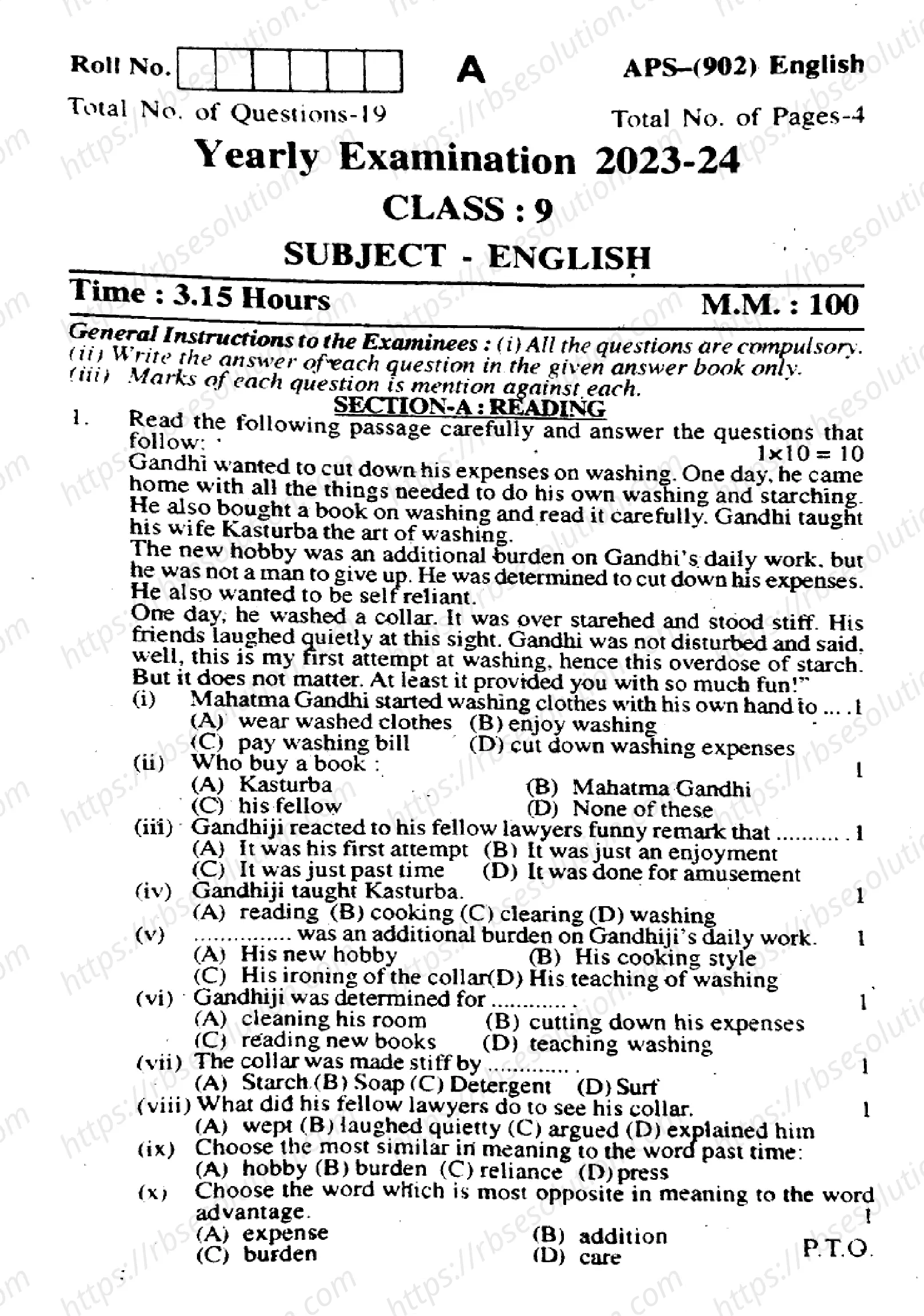 RBSE Class 9th 2024 English-APS (902)-2024 Previous Year Papers 0
