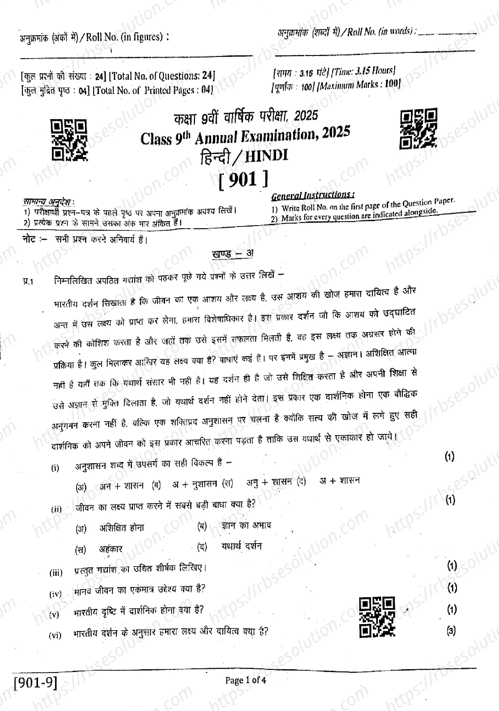 RBSE Class 9th 2025 Hindi (901)-2025 Previous Year Papers 0