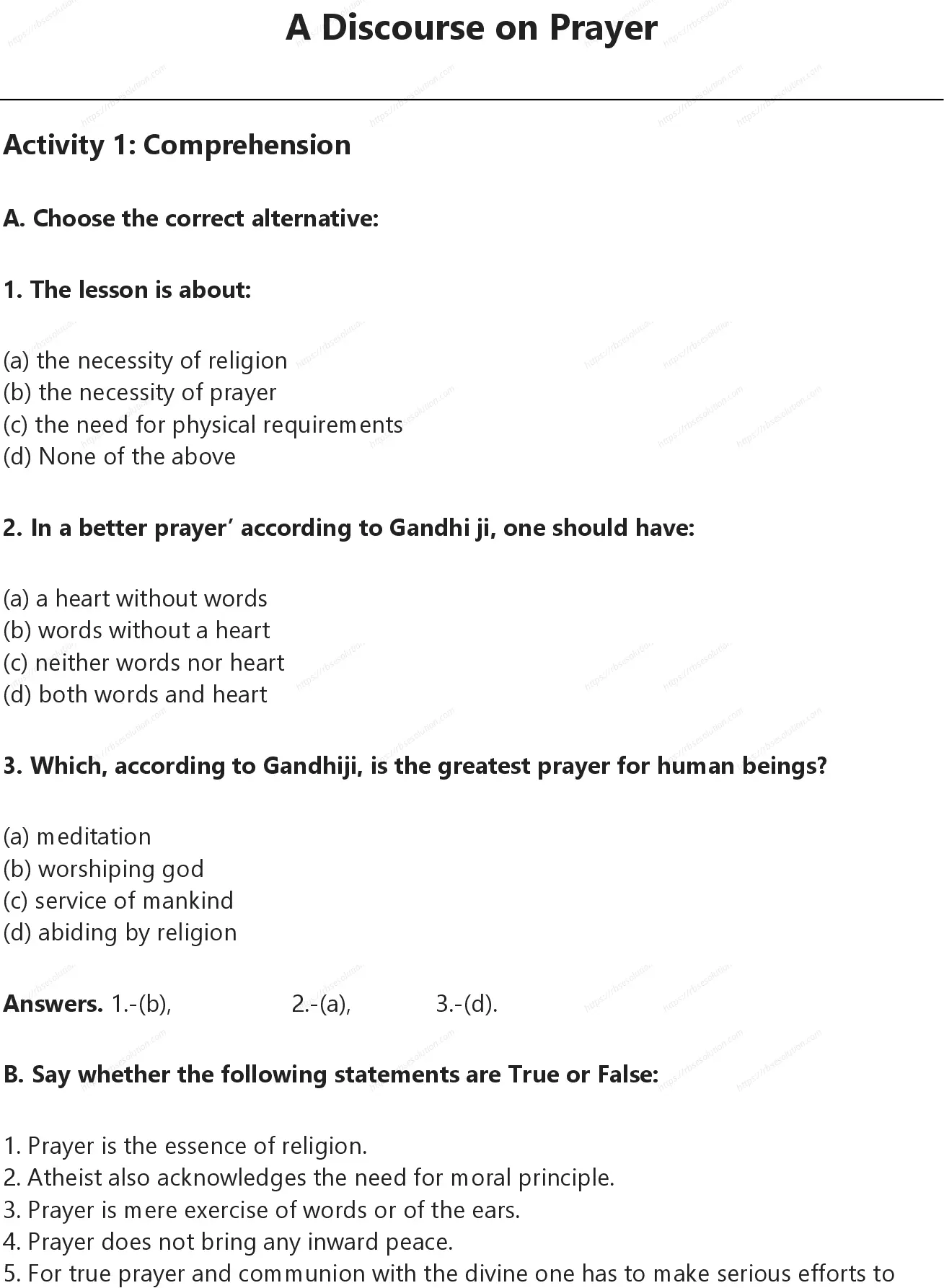 RBSE Class 10th अंग्रेज़ी A Discourse on Prayer Solutions 0