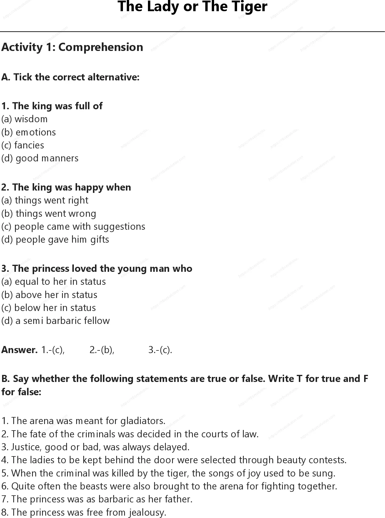 RBSE Class 10th अंग्रेज़ी The Lady or The Tiger Solutions 0