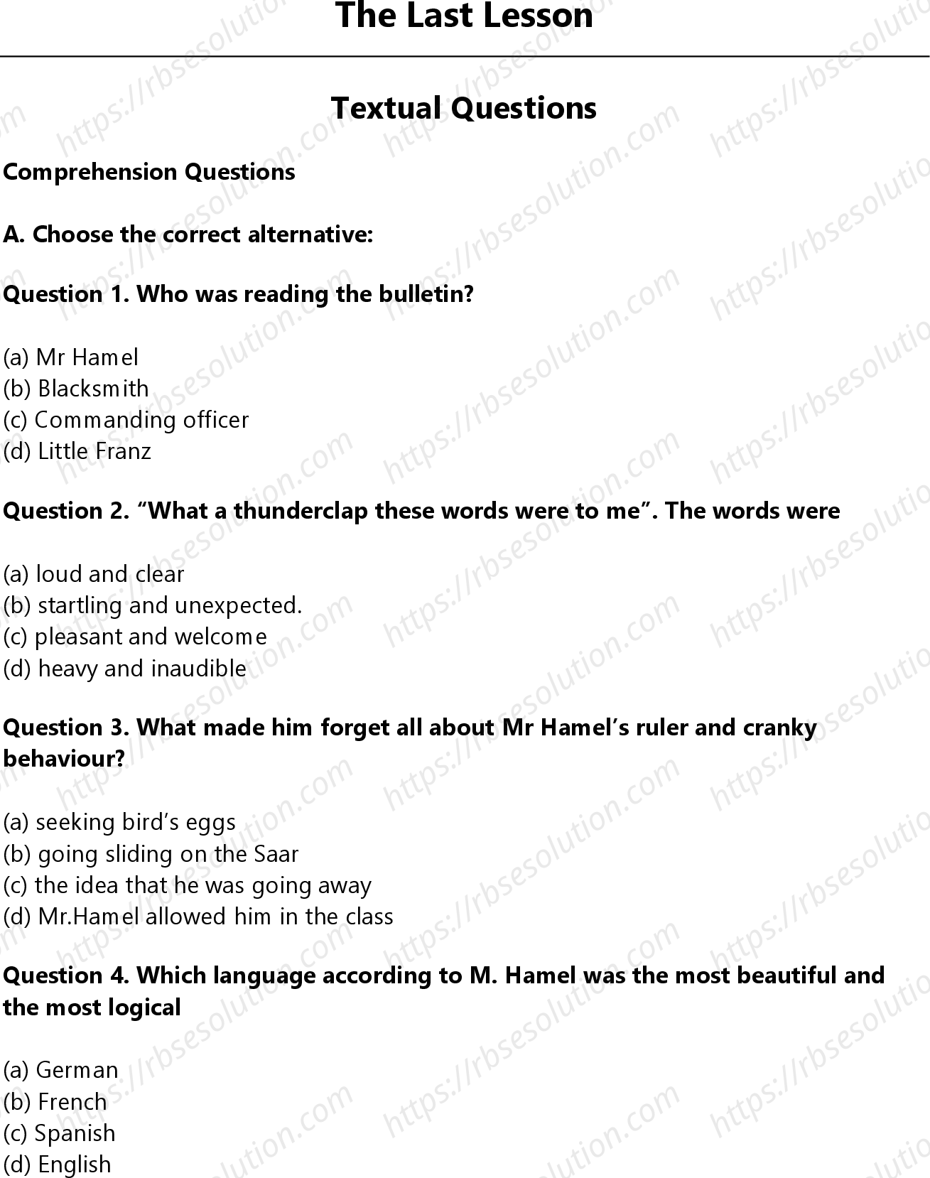 RBSE Class 12th Panorama The Last Lesson Solutions 0