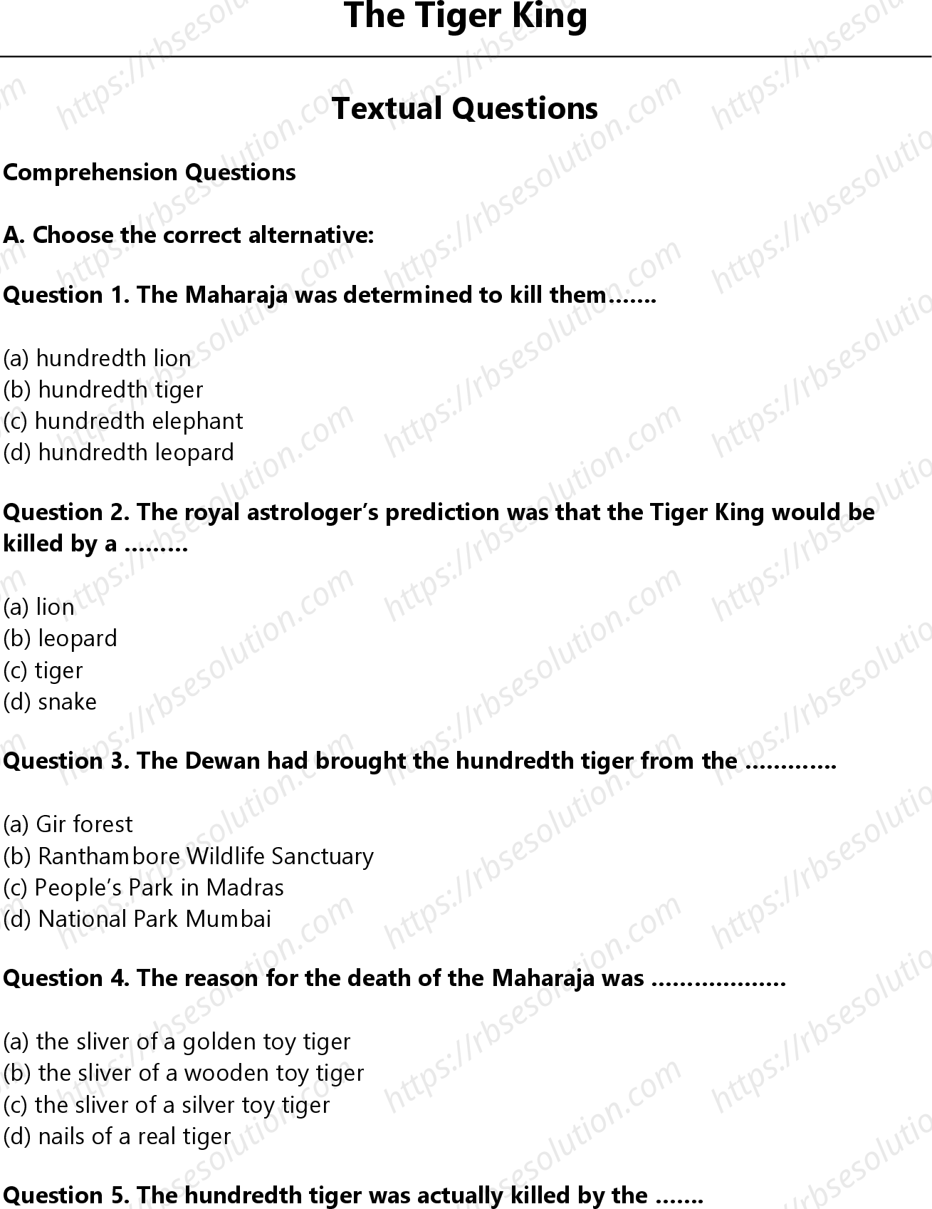 RBSE Class 12th Panorama The Tiger King Solutions 0
