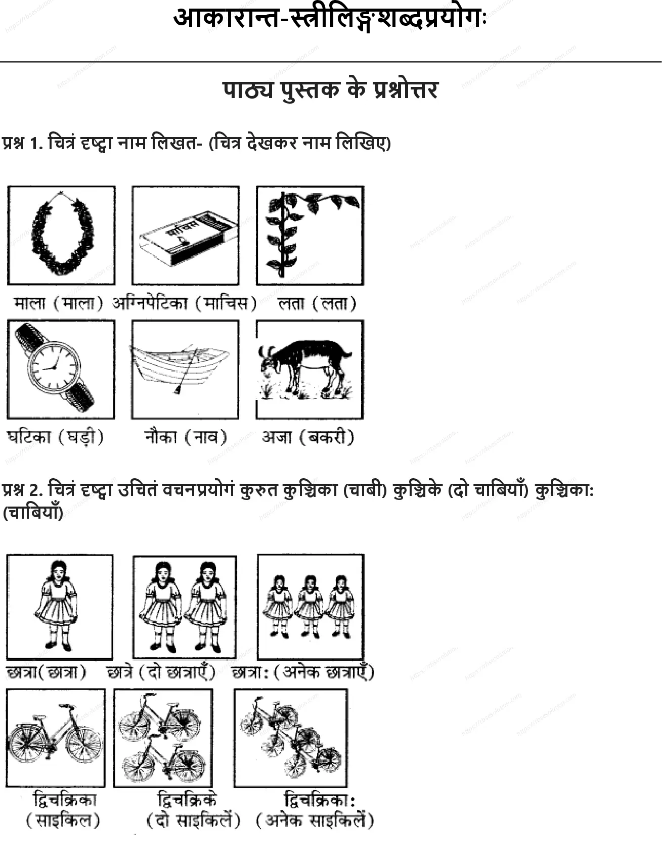 RBSE Class 6th संस्कृत आकारान्त-स्त्रीलिङ्गशब्दप्रयोगः Solutions 0
