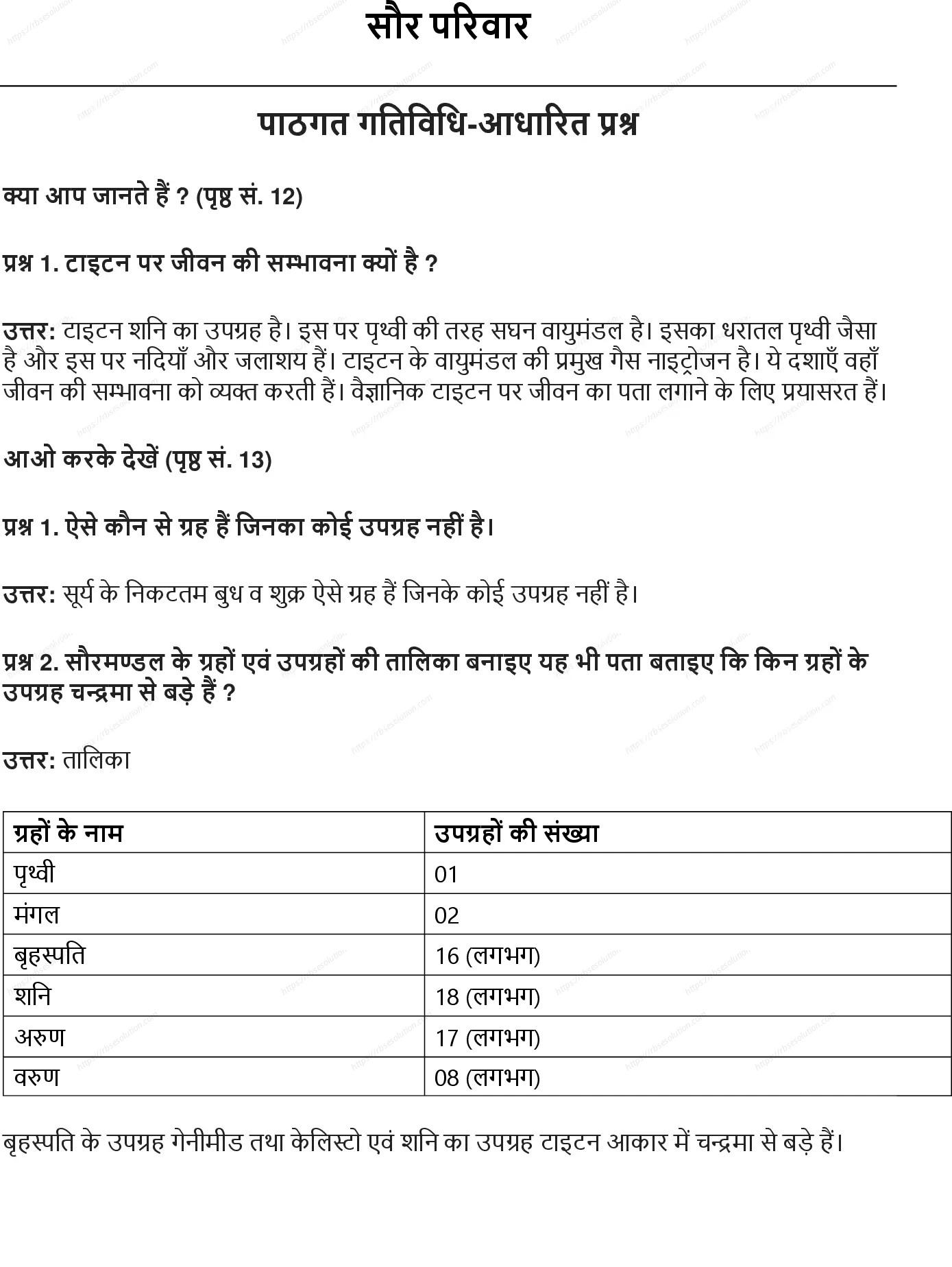 RBSE Class 6th सामाजिक विज्ञान सौर परिवार Solutions 0