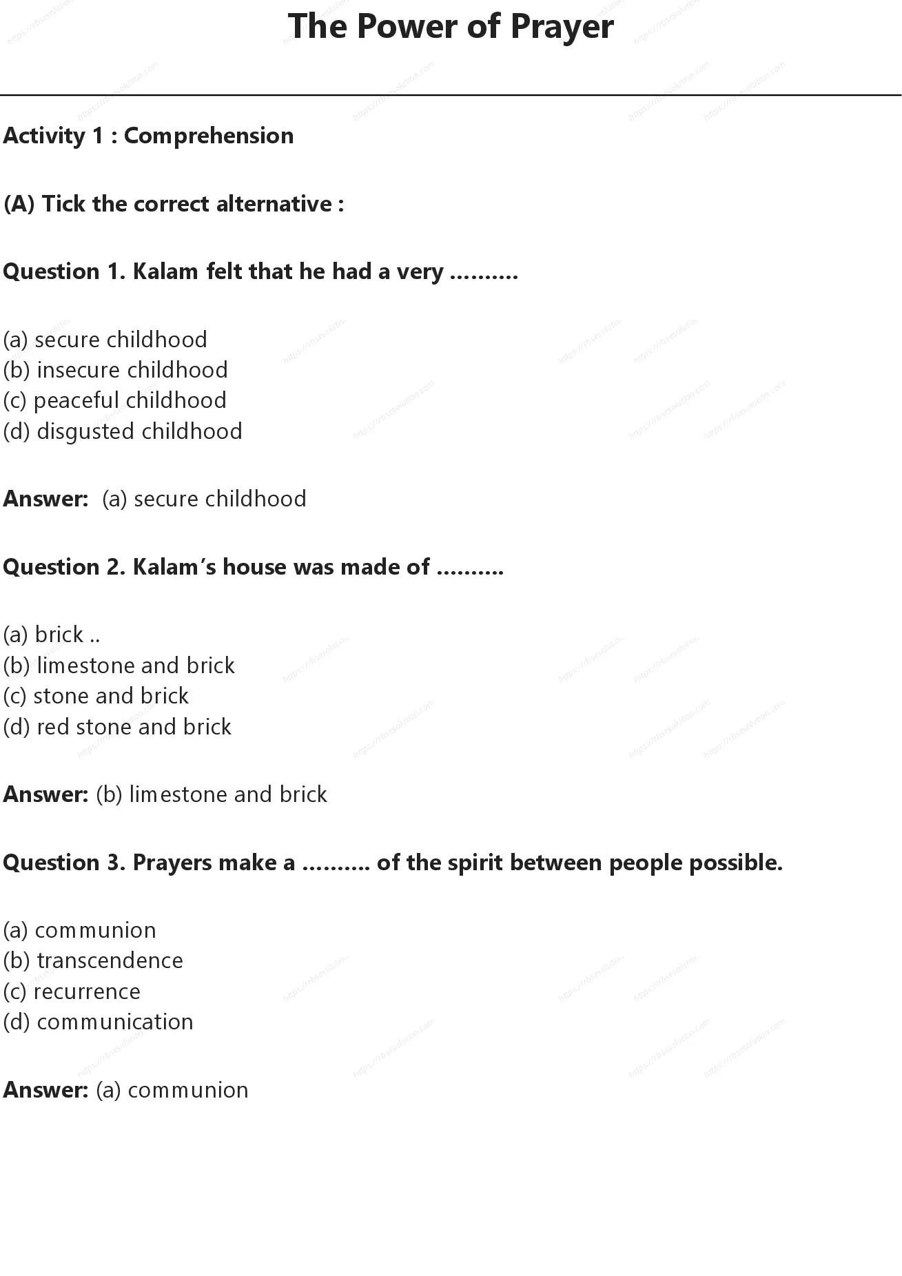 RBSE Class 9th अंग्रेज़ी The Power of Prayer Solutions 0