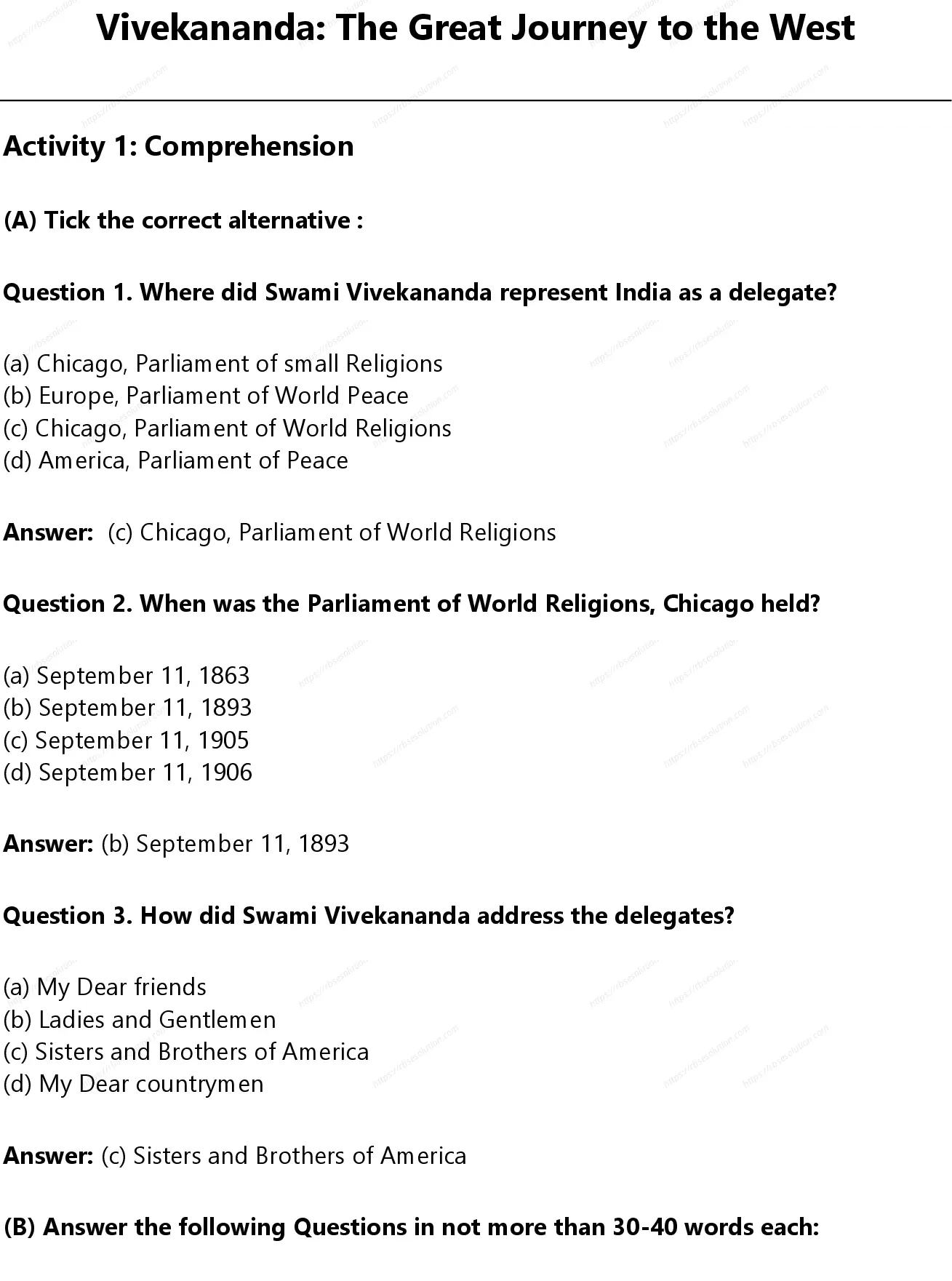 RBSE Class 9th अंग्रेज़ी Vivekananda The Great Journey to the West Solutions 0